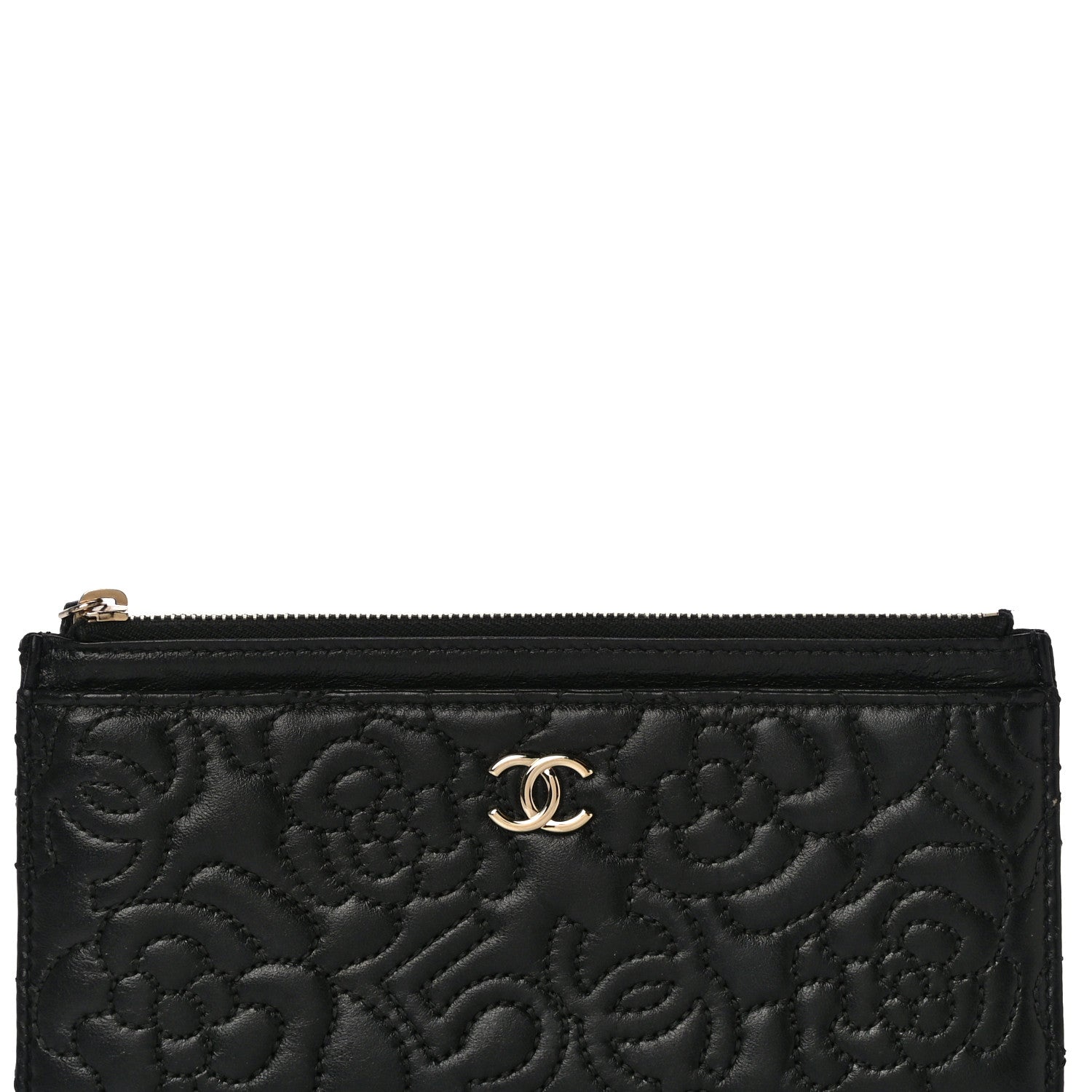Chanel Lambskin Camellia Embossed Classic Zip Pouch Black 8 of 10