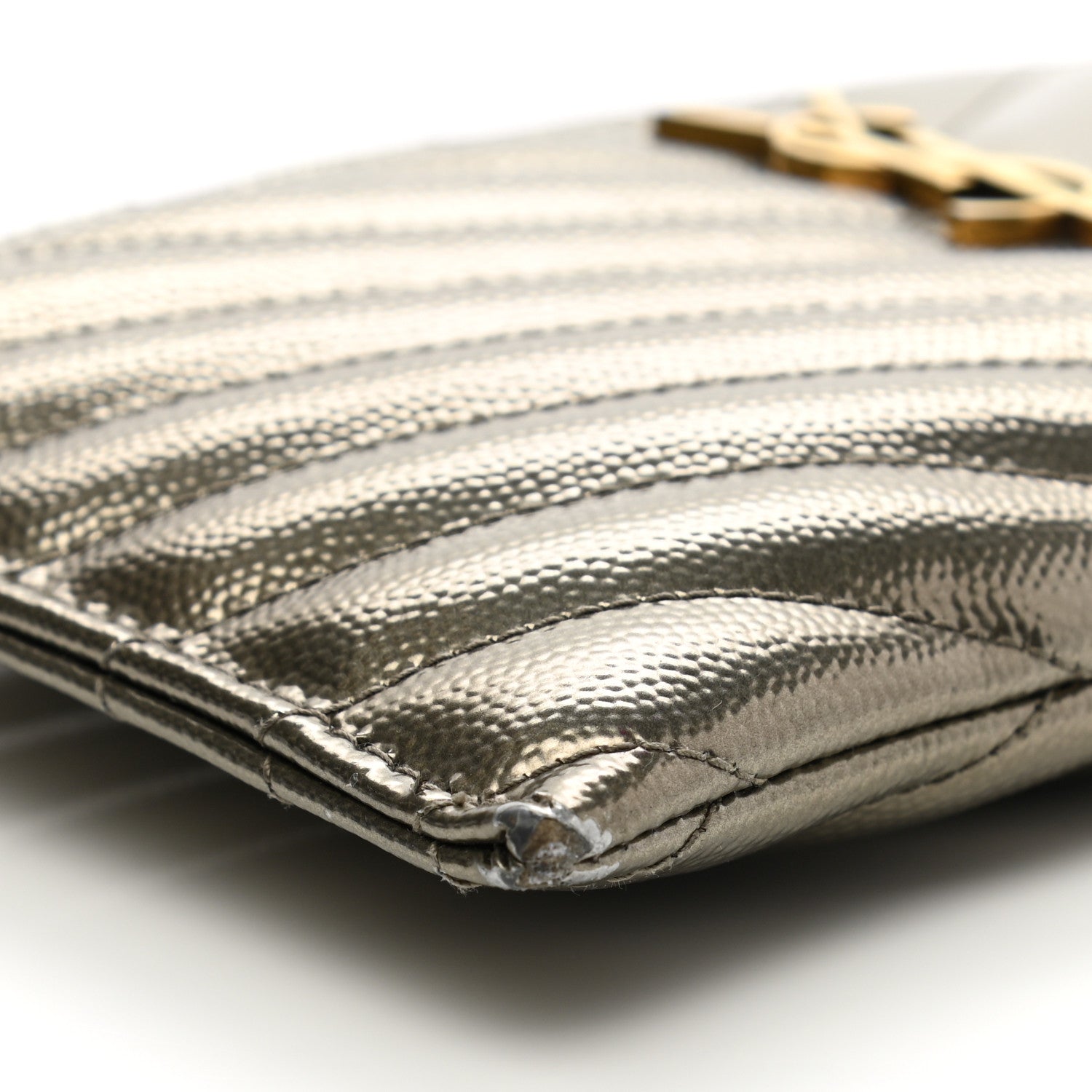 Saint Laurent Metallic Grain De Poudre Matelasse Chevron Monogram Bill Pouch Piombo 9 of 13