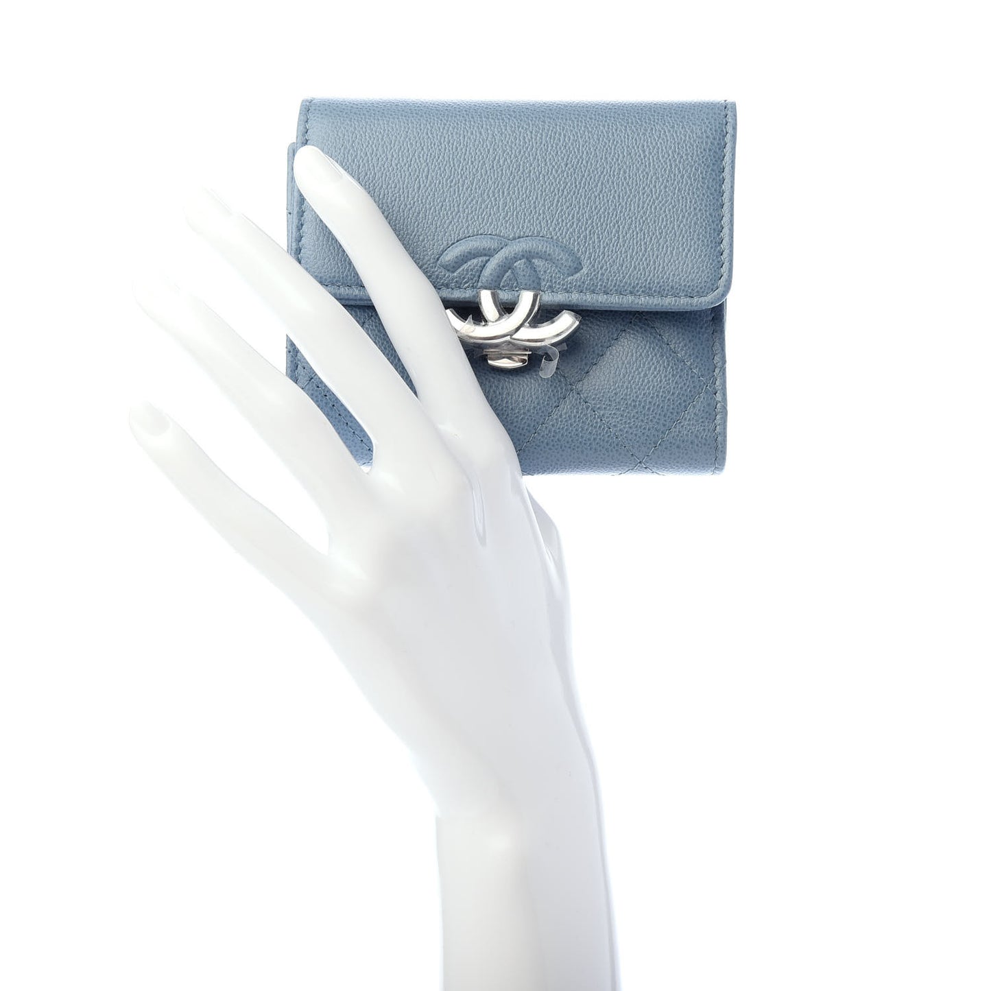 Grained Calfskin Quilted CC Box Compact Flap Wallet Blue