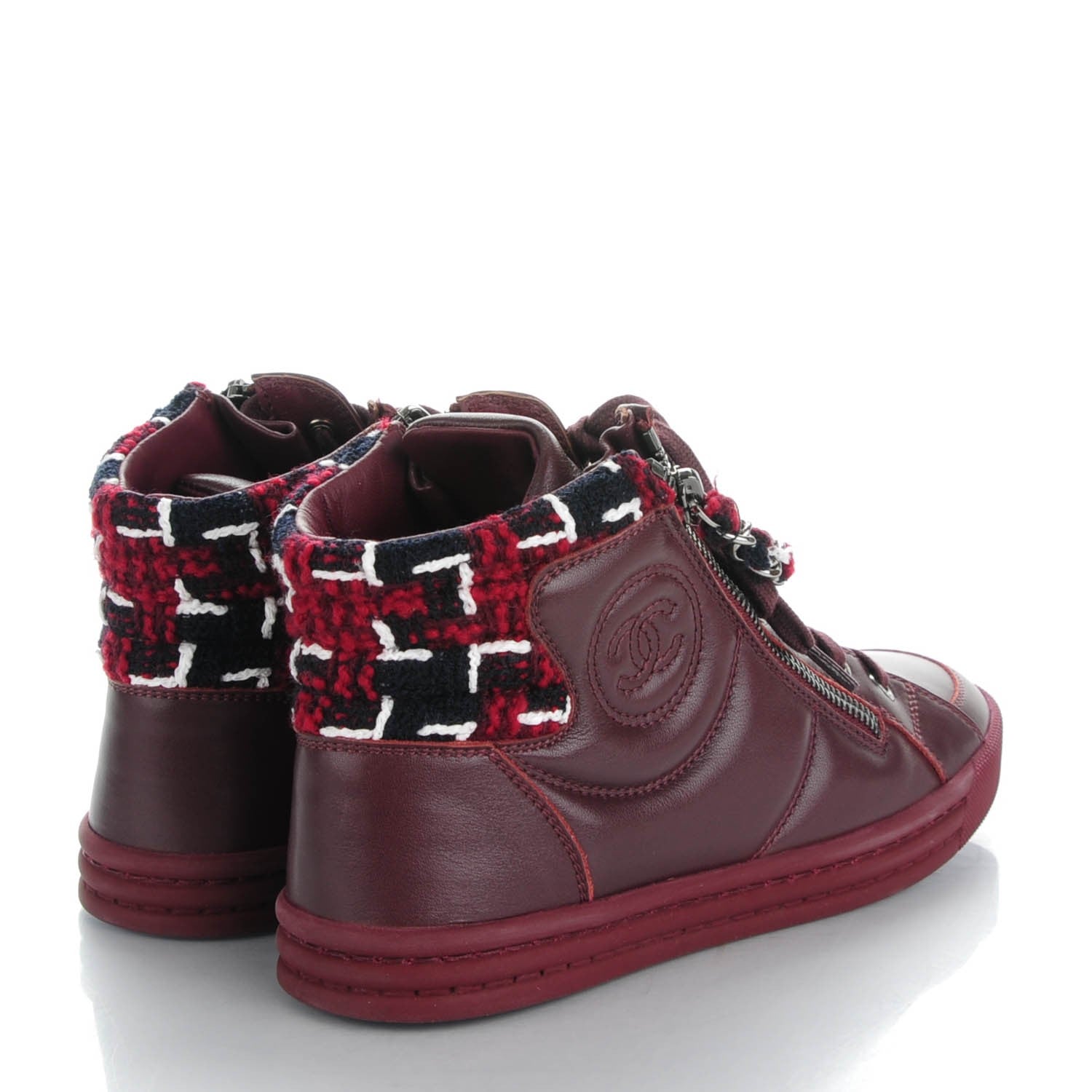 Chanel Lambskin Tweed Chain CC Sneakers 36 Burgundy Navy White 4 of 9