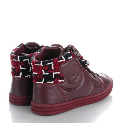 Chanel Lambskin Tweed Chain CC Sneakers 36 Burgundy Navy White 4 of 9