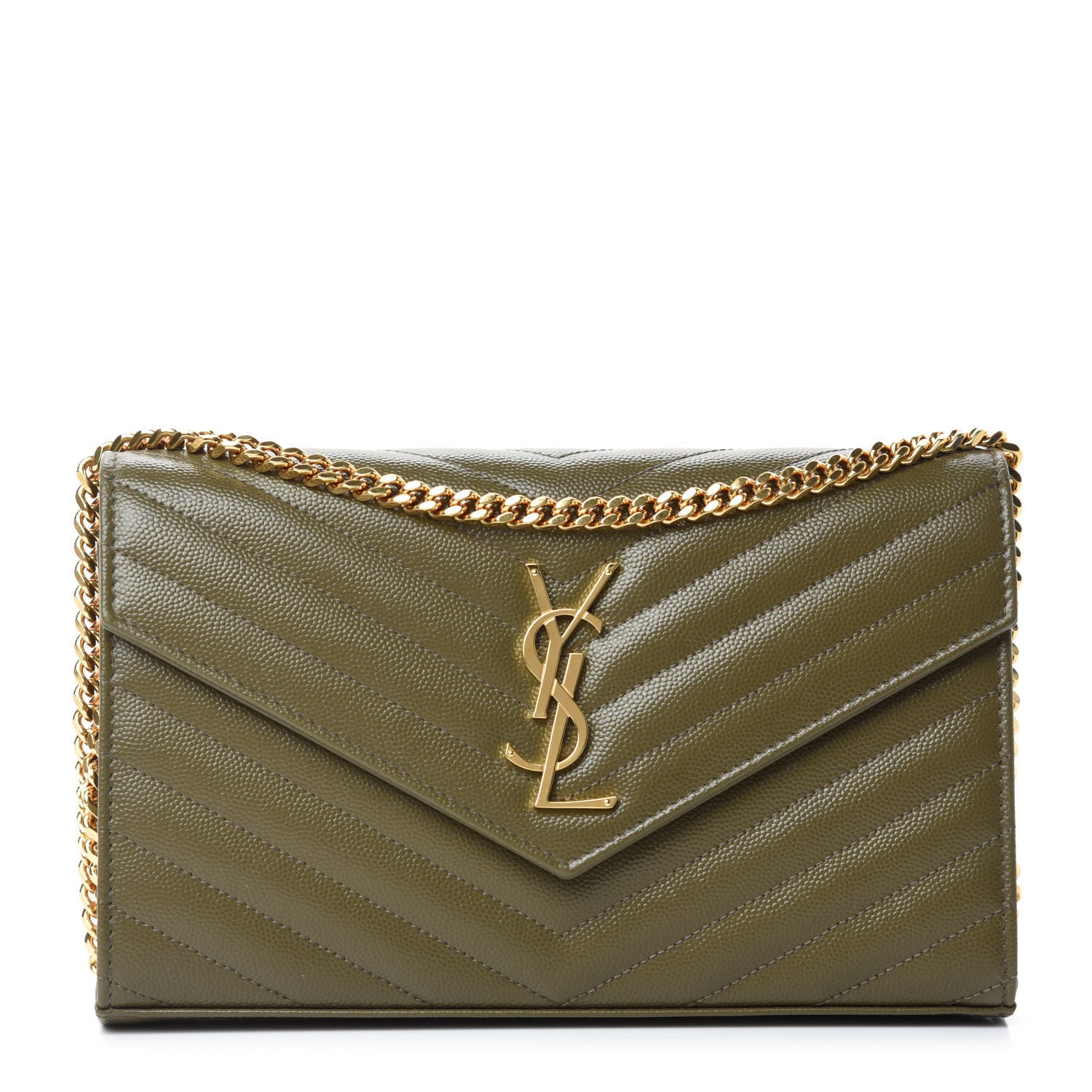 Saint Laurent Grain De Poudre Matelasse Chevron Monogram Chain Wallet Vert Kaki 1 of 10