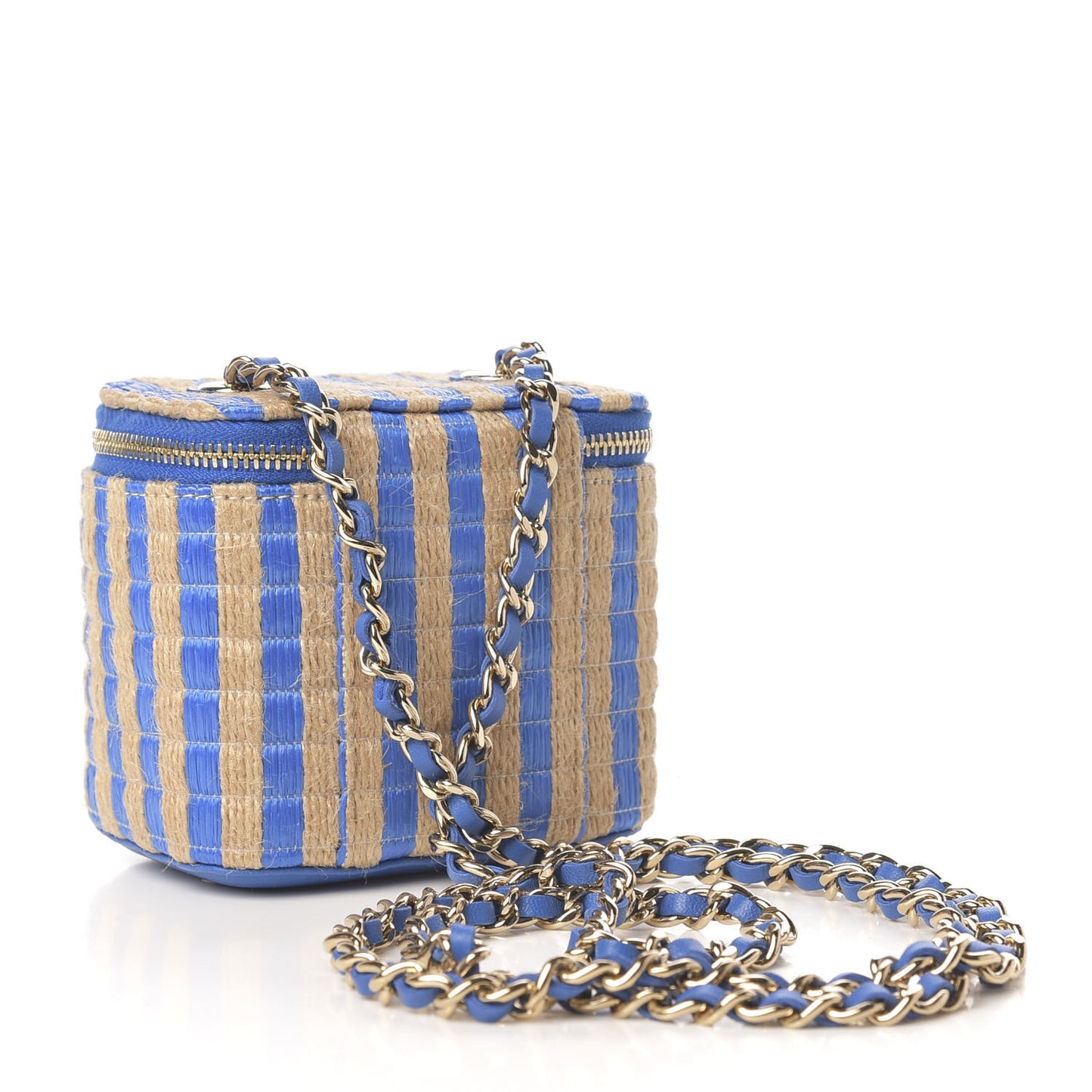 Raffia Jute Striped Mini Vanity Case With Chain Blue Beige