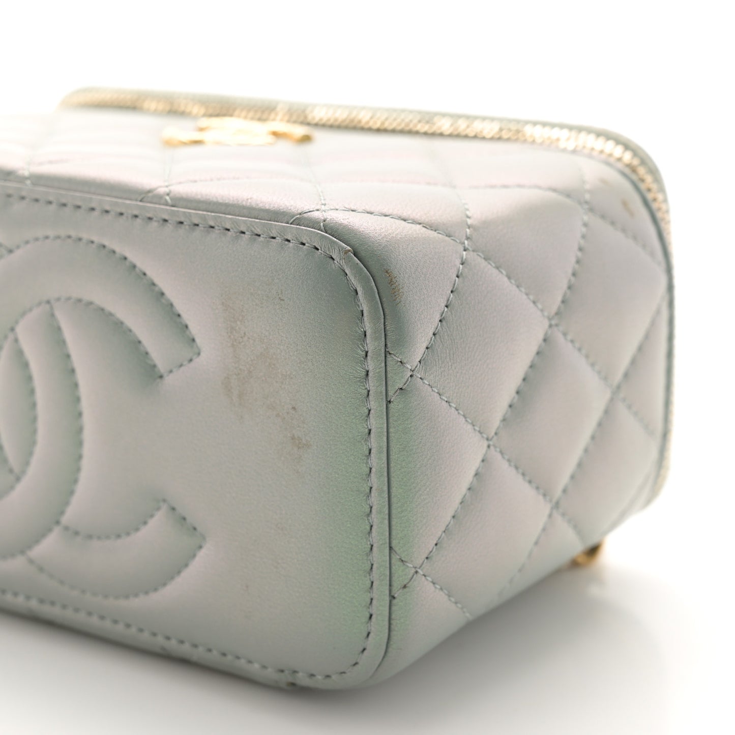 Metallic Lambskin Quilted Small CC Dynasty Vanity Case With Chain Grey