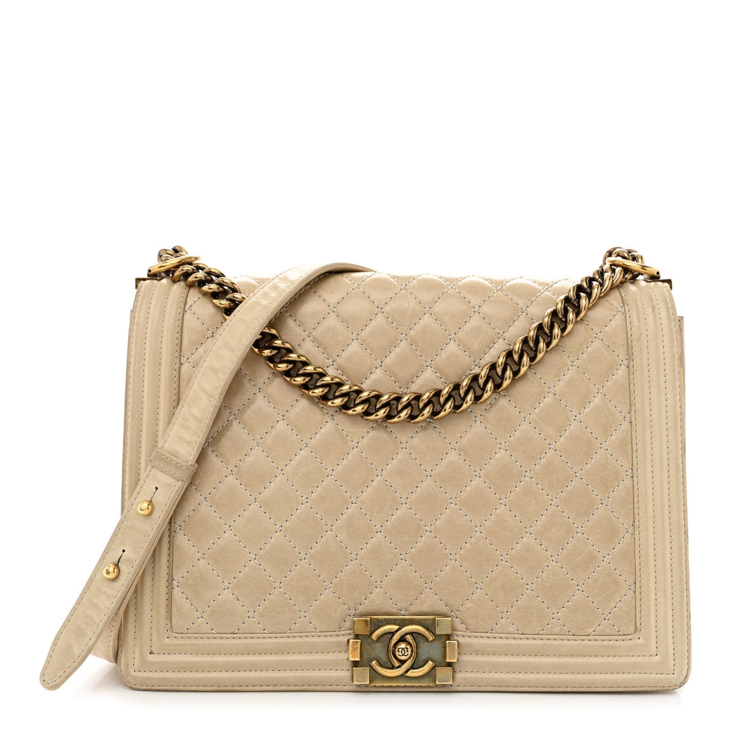 Glazed Calfskin Quilted Large Boy Flap Beige