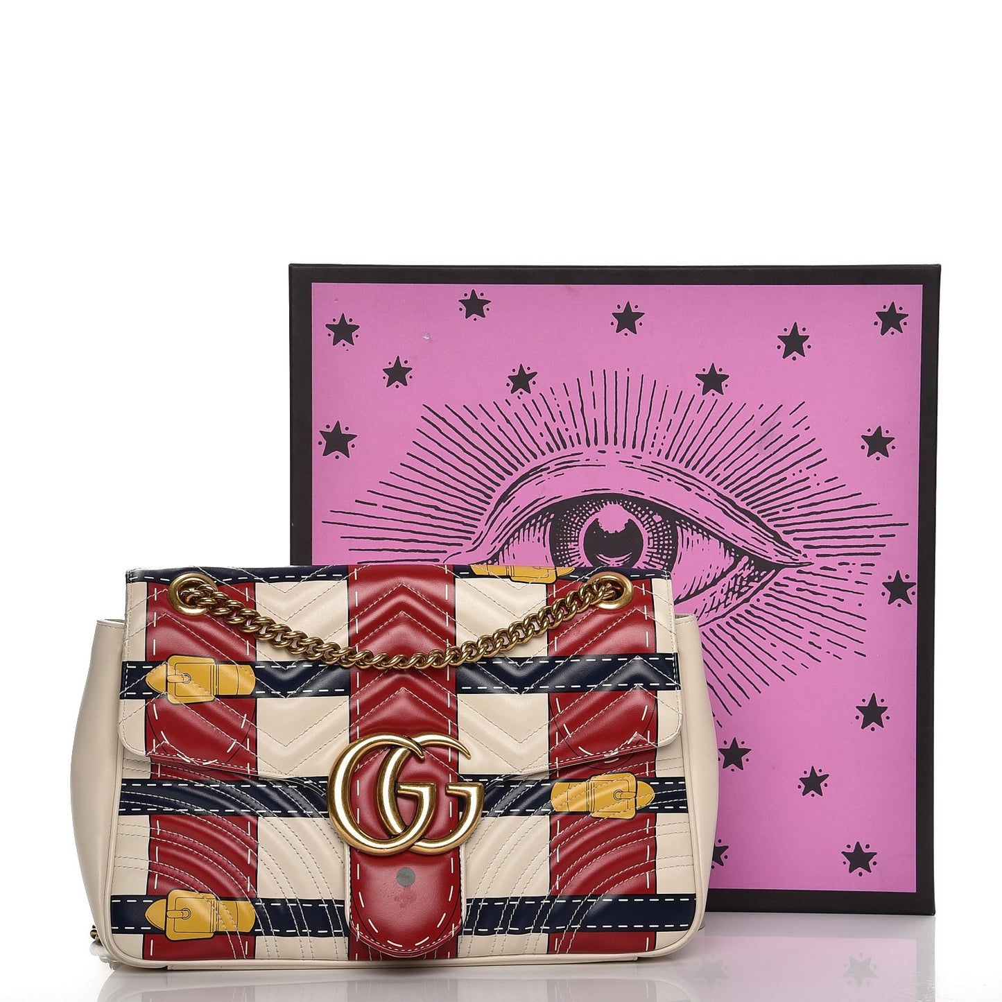 Calfskin Matelasse Trompe L'Oeil Print Medium GG Marmont Shoulder Bag Mystic White Hibiscus Red Marine Giallo