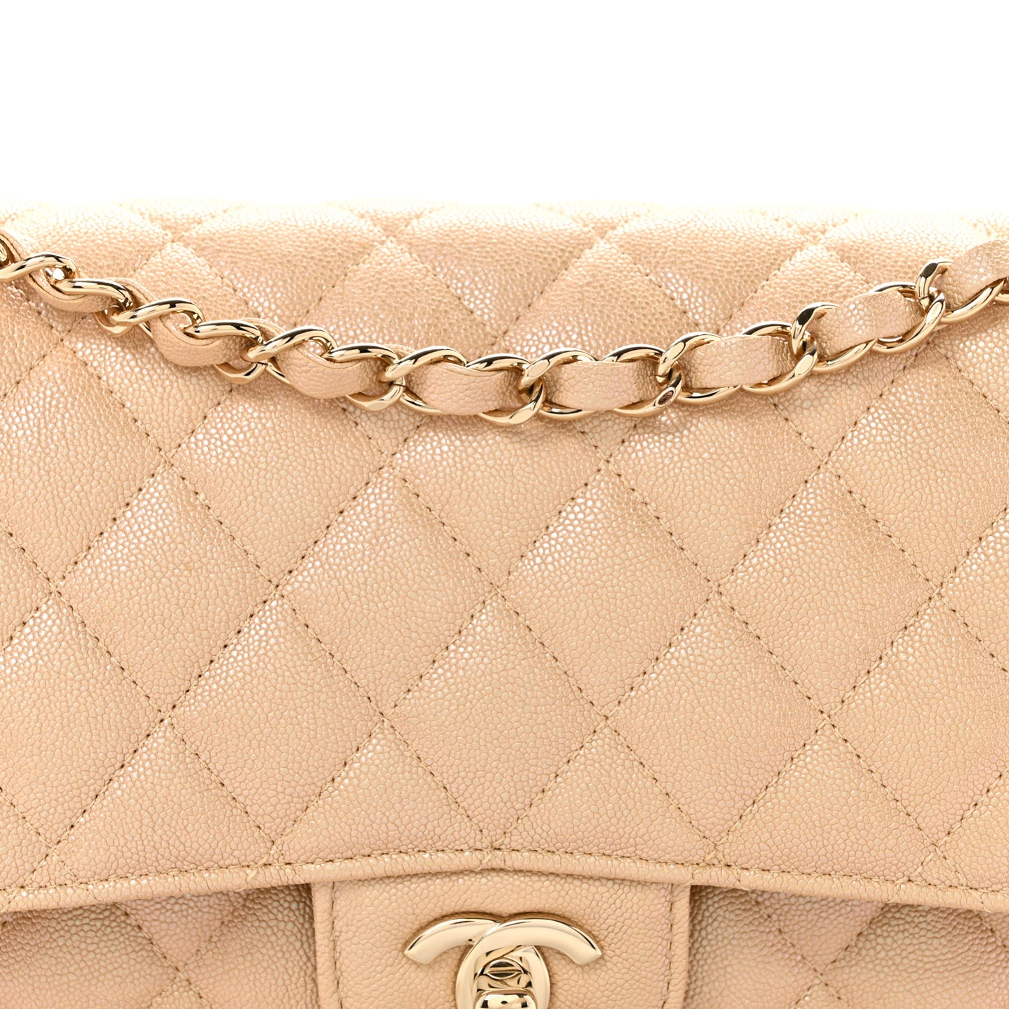 Iridescent Caviar Quilted Medium Double Flap Beige Beige