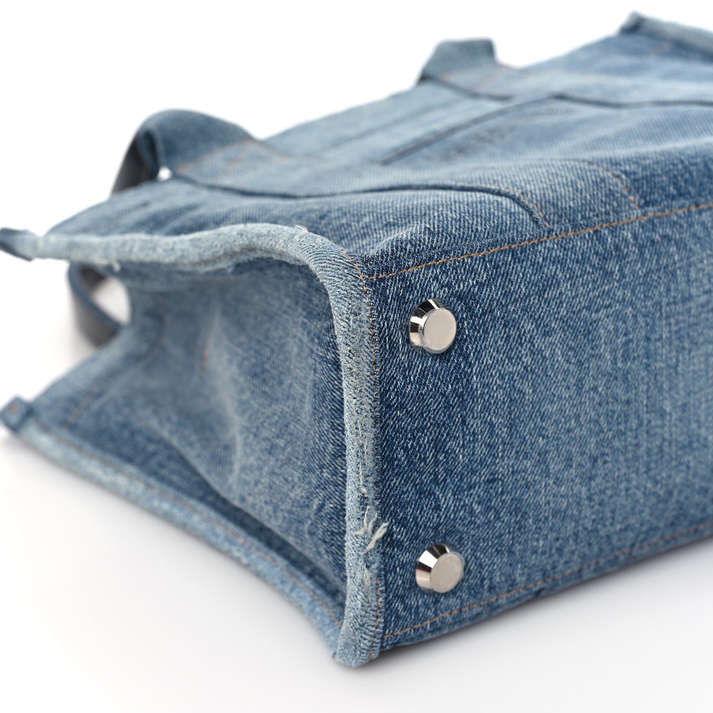 Washed Frayed Denim Logo Small Hardware Tote Blue