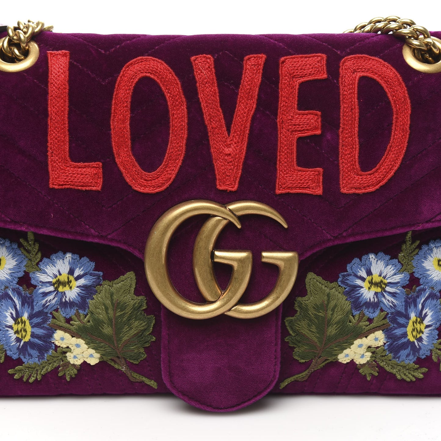 Velvet Matelasse Loved Embroidered Medium GG Marmont Shoulder Bag Fuchsia Violet Cyclamen