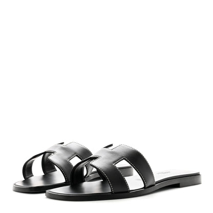 Hermes Box Calfskin Oran Sandals 37.5 Black 3 of 9