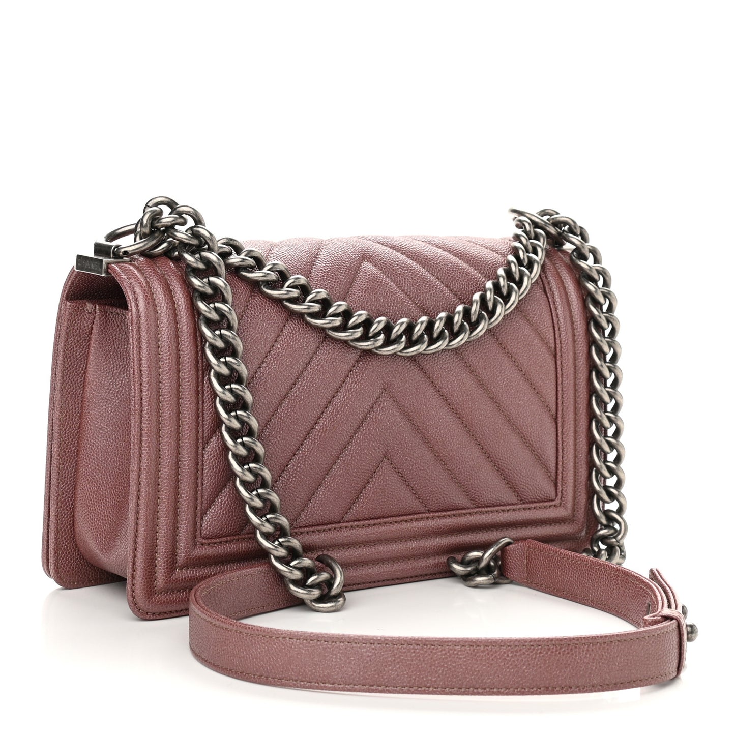 Metallic Caviar Chevron Quilted Medium Boy Flap Dark Pink