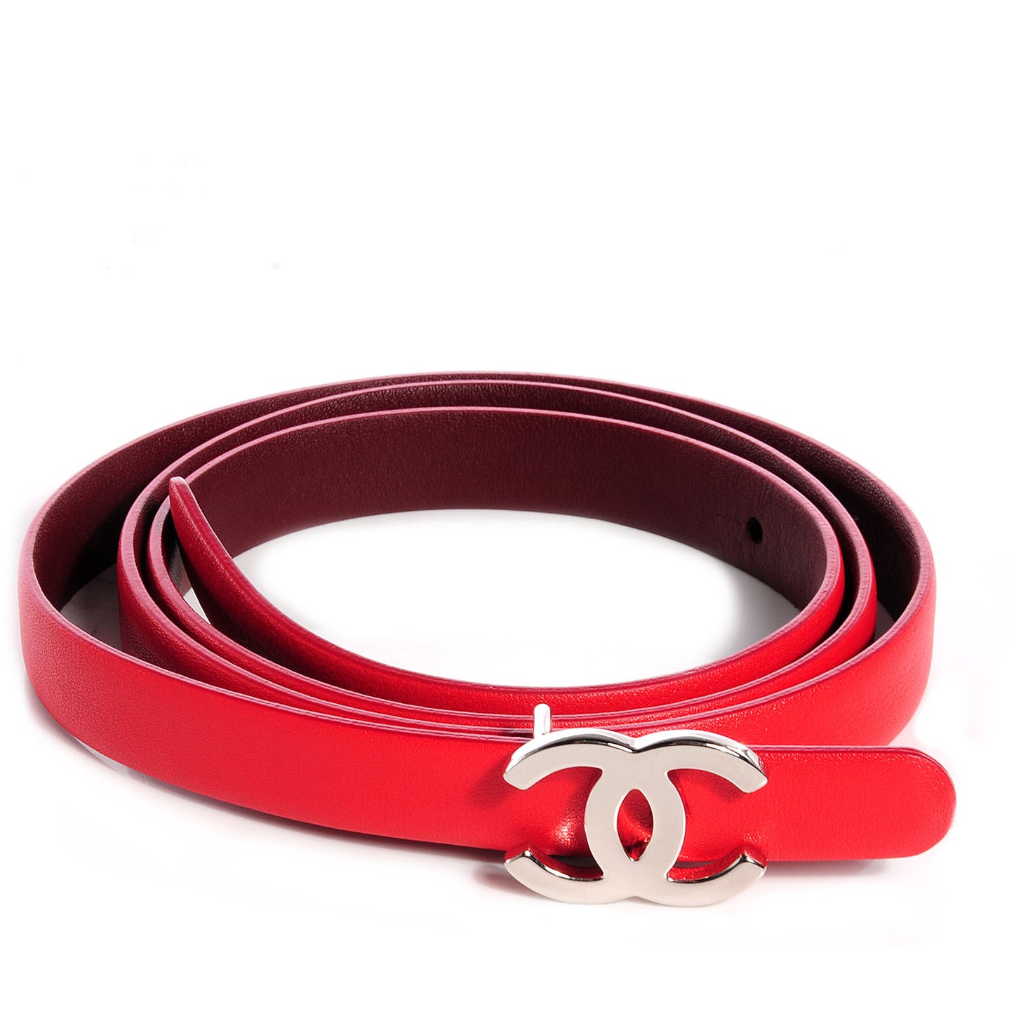 Reversible Leather CC Logo Skinny Belt 85 Red Burgundy