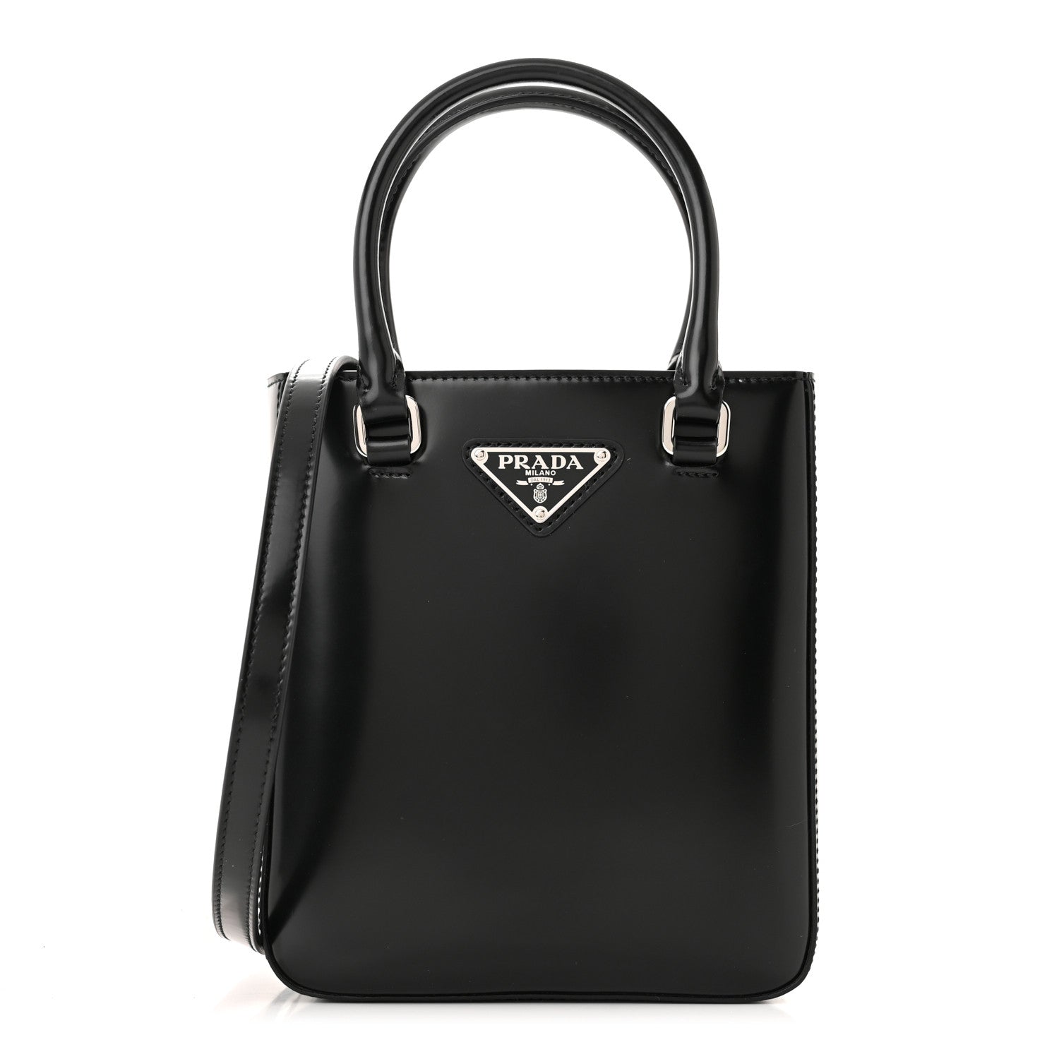 Prada Spazzolato Triangle Small Double Handle Crossbody Tote Black 1 of 10