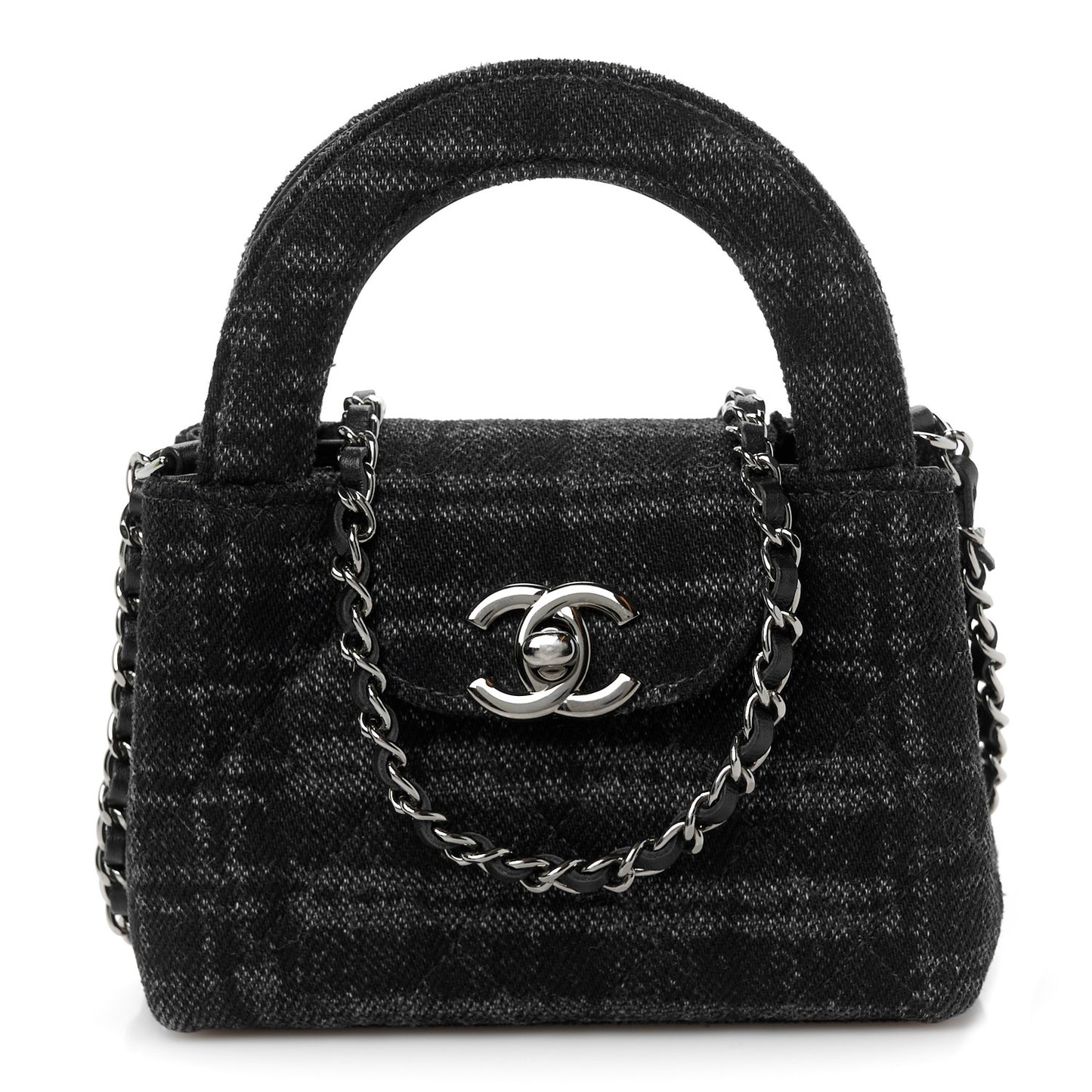 Printed Denim Quilted Mini Nano Kelly Shopper Black Grey
