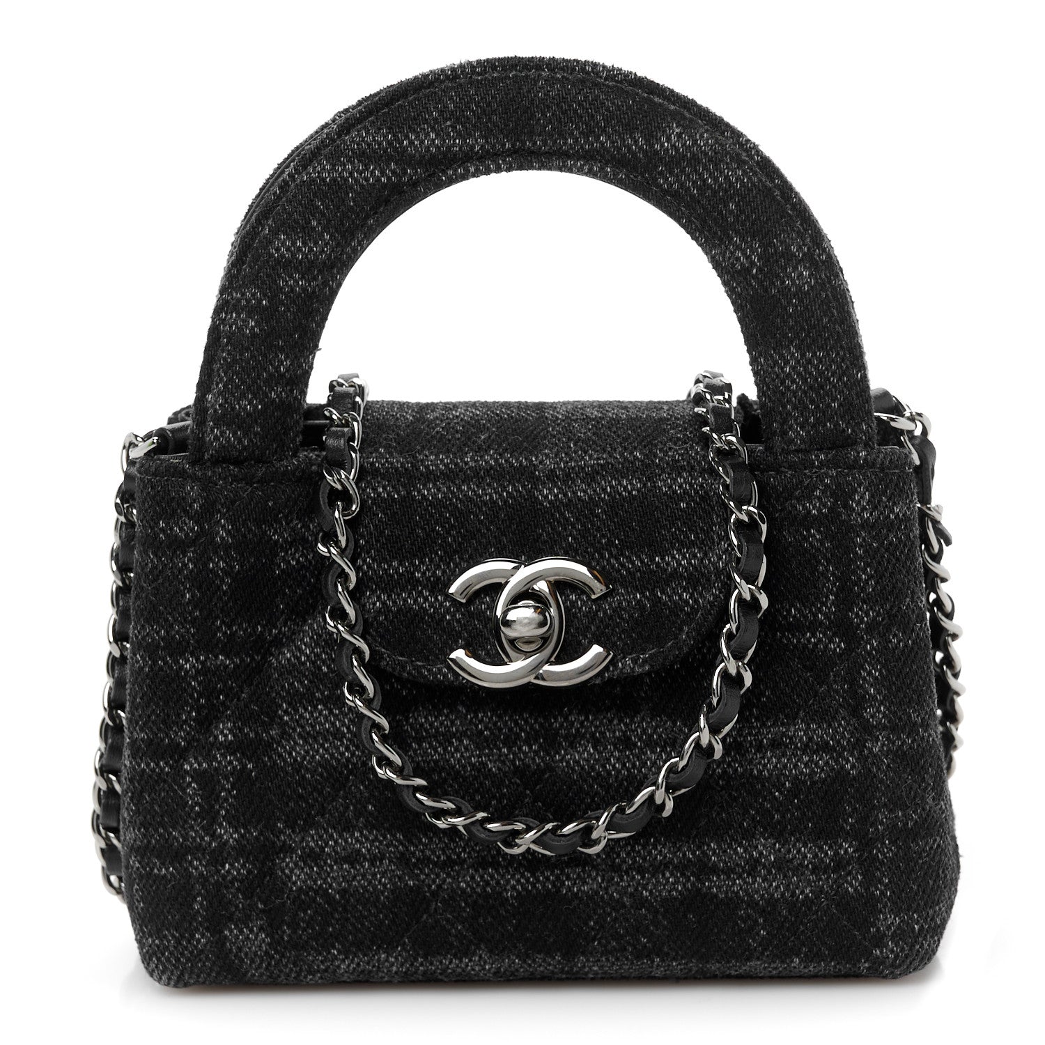 Chanel Printed Denim Quilted Mini Nano Kelly Shopper Black Grey 1 of 10