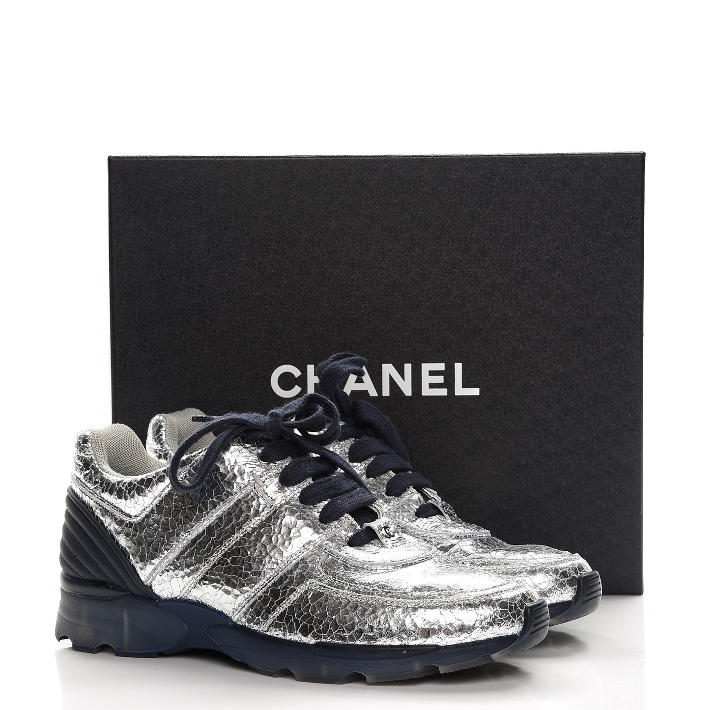 Metallic Crackled Calfskin CC Sneakers 40 Silver