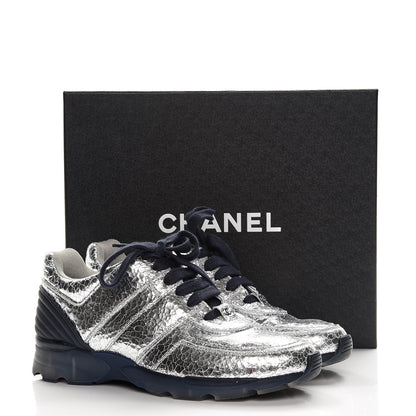 Chanel Metallic Crackled Calfskin CC Sneakers 40 Silver 9 of 9