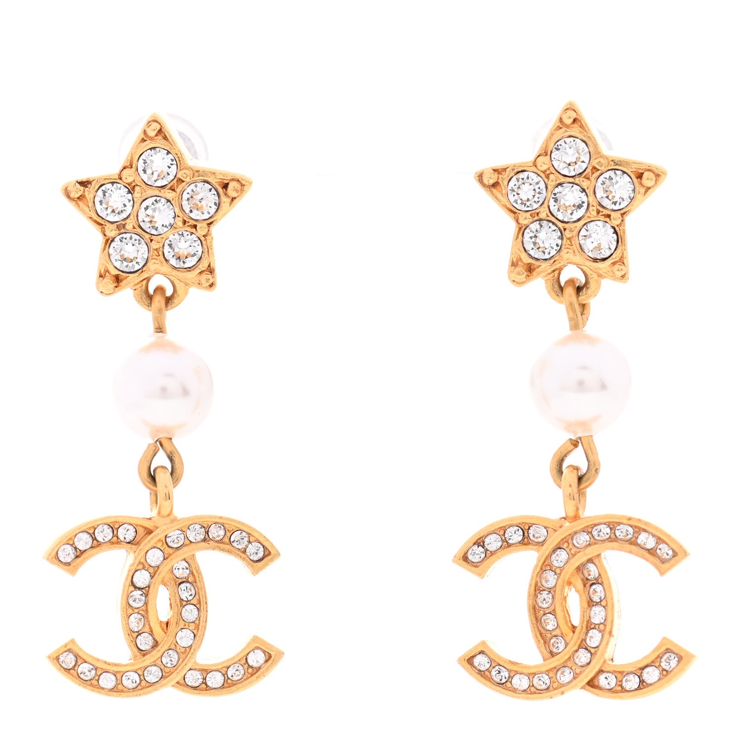 Chanel Crystal Pearl CC Star Drop Earrings Gold 1 of 5