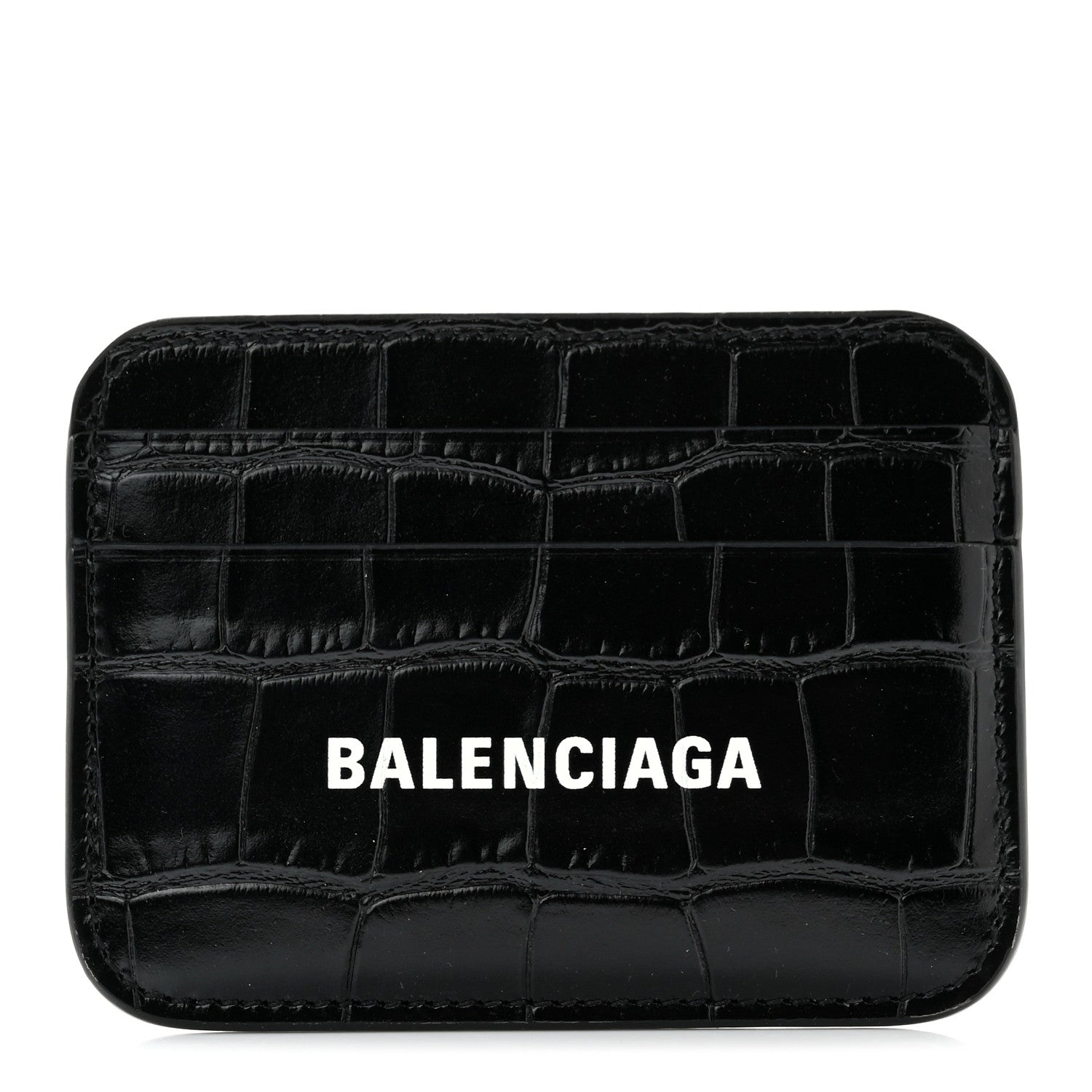 Balenciaga Shiny Calfskin Logo Crocodile Embossed Cash Rounded Card Holder Black White 1 of 9