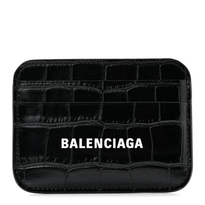 Balenciaga Shiny Calfskin Logo Crocodile Embossed Cash Rounded Card Holder Black White 1 of 9