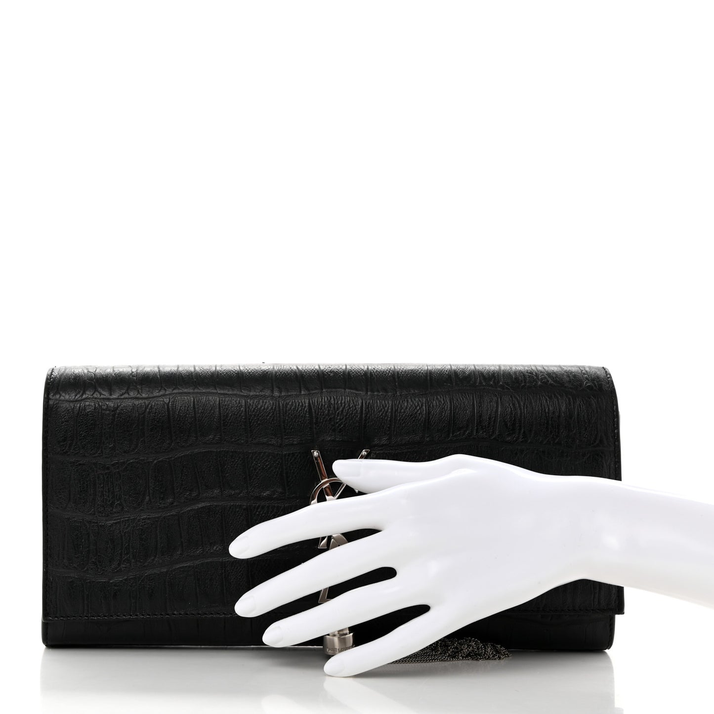 Calfskin Crocodile Embossed Classic Monogram Tassel Clutch Black