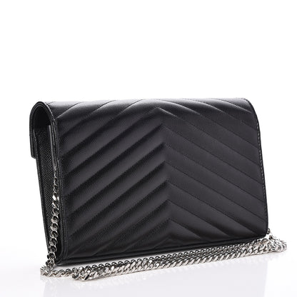Saint Laurent Grain De Poudre Matelasse Chevron Monogram Chain Wallet Black 3 of 7