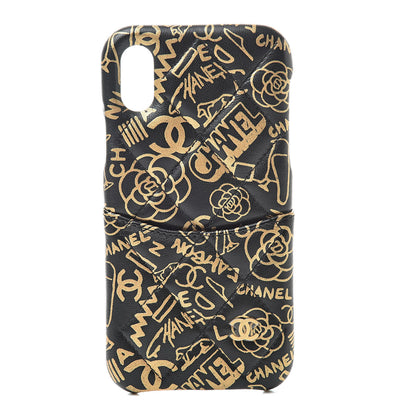 Chanel Lambskin Quilted iPhone X Coco Tech Egyptian Graffiti Case Black Gold 1 of 7