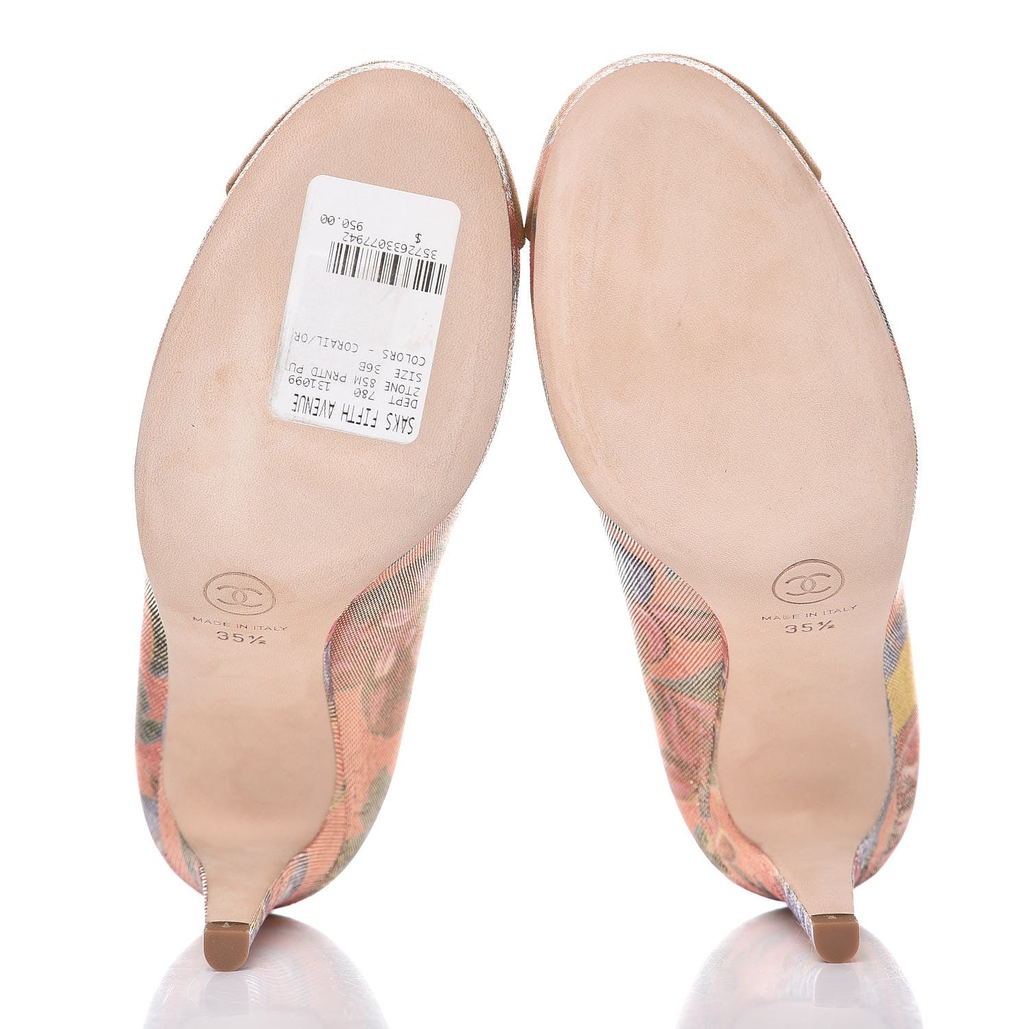 Chanel Crepe Calfskin Floral Printed Metallic Calfskin Pumps 35.5 Corail Gold 5 of 9