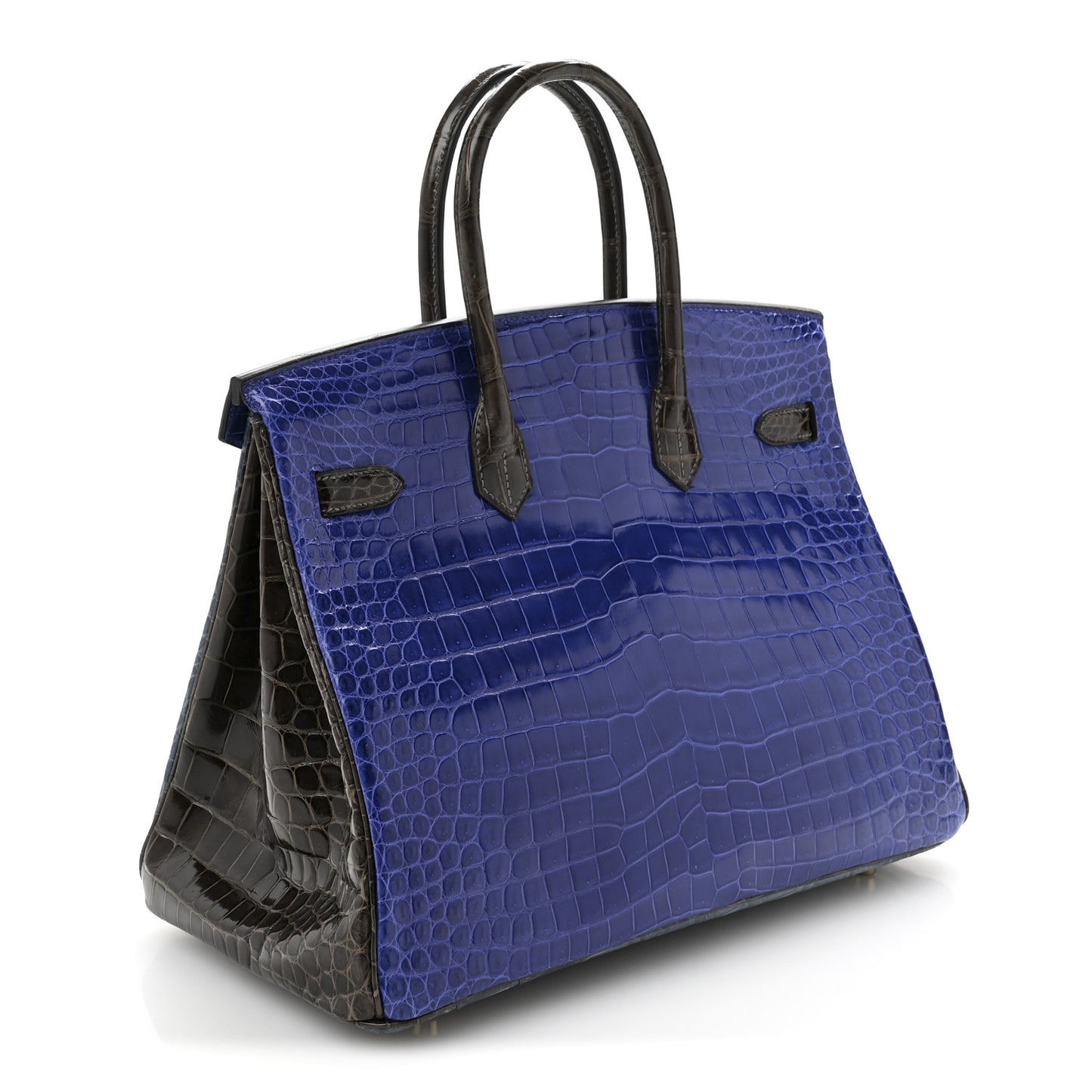 Shiny Porosus Crocodile Horseshoe Birkin 35 Havane Bleu Electrique Bleu Roi