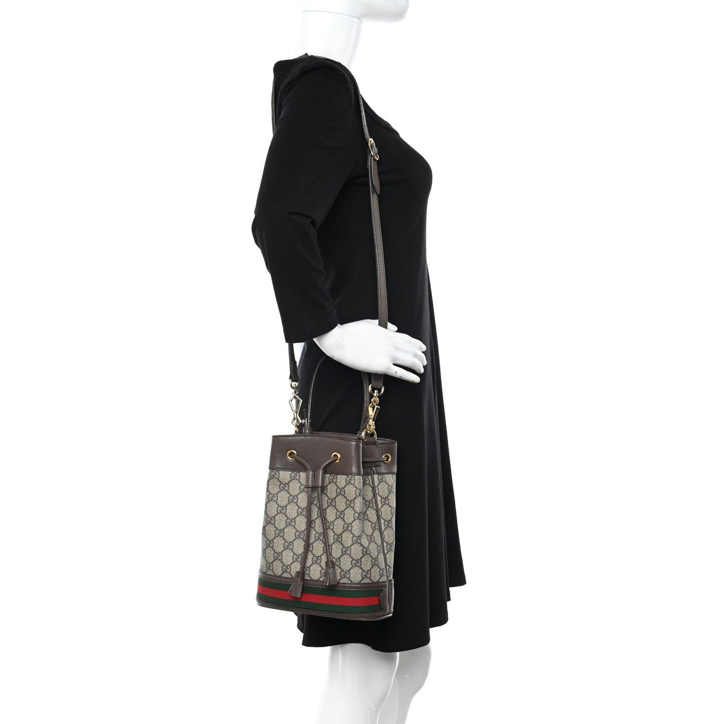 GG Supreme Monogram Web Small Ophidia Bucket Bag Brown