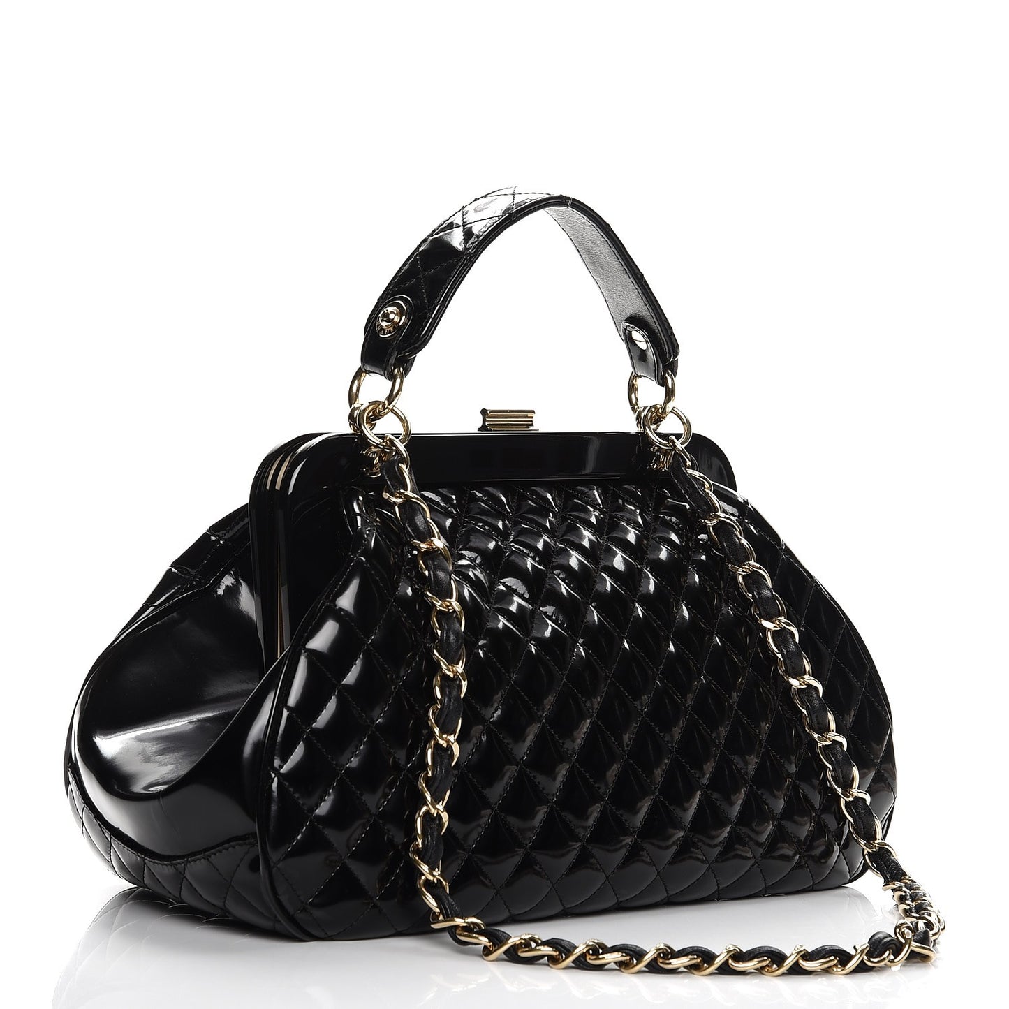 Glazed Calfskin Quilted Small Mademoiselle Frame Bag Black