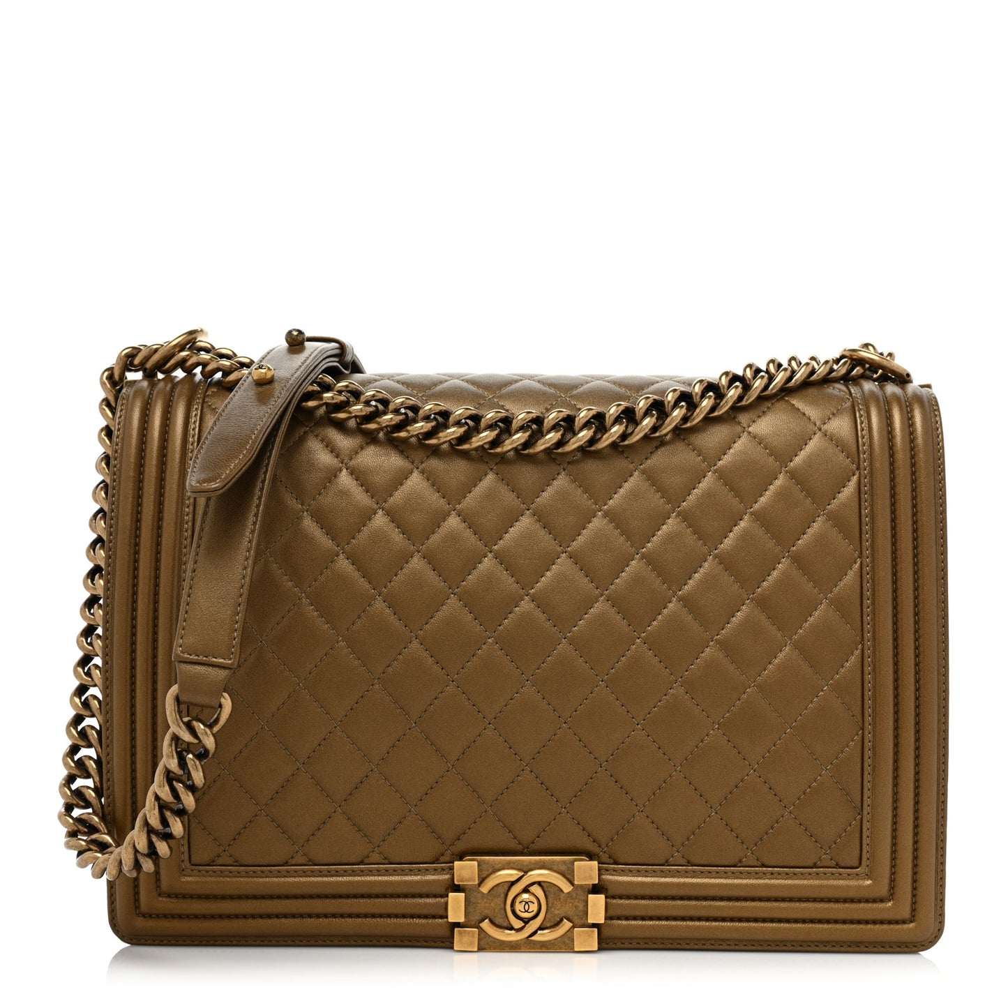 Metallic Calfskin Quilted Large Boy Flap Dark Gold