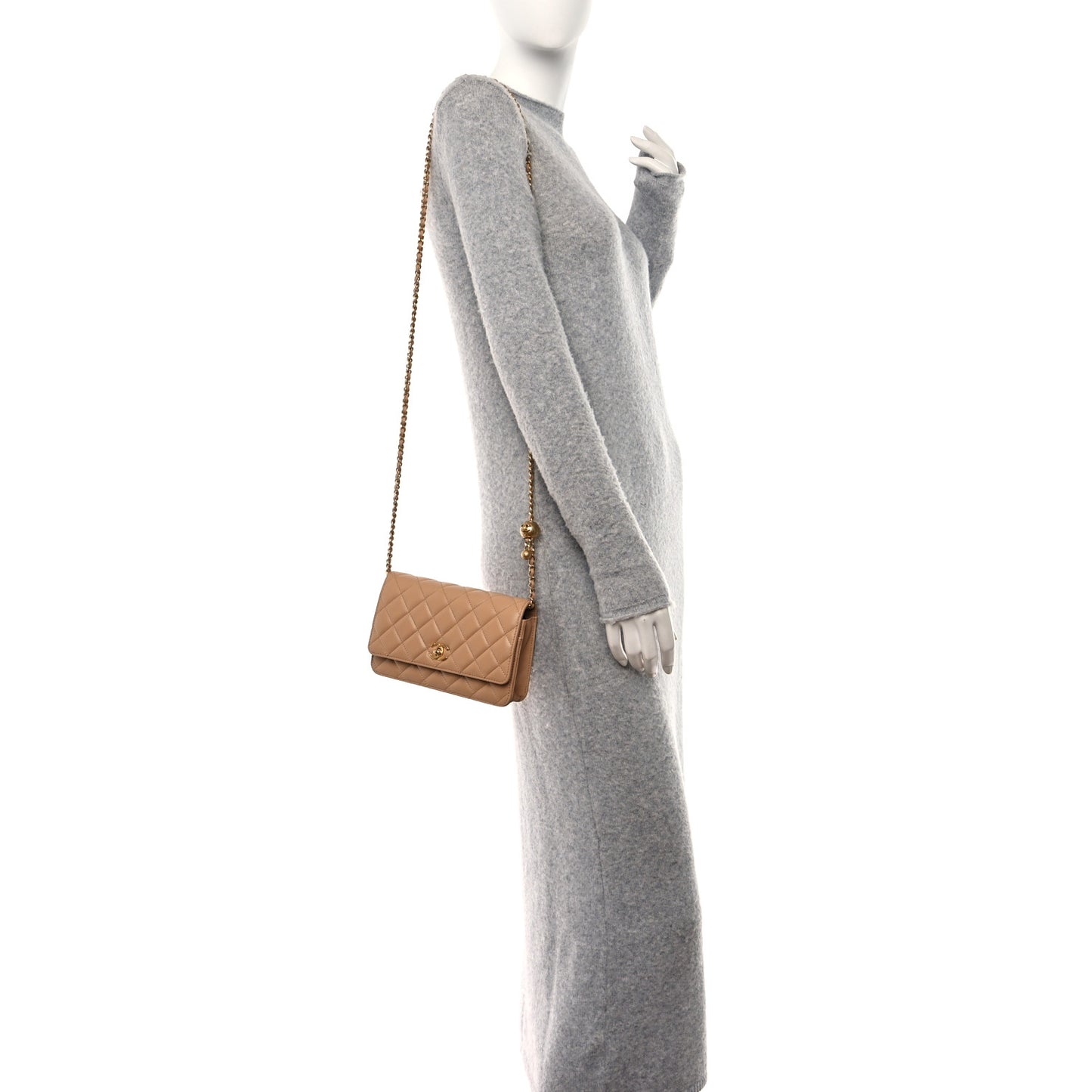 Lambskin Quilted CC Pearl Crush Wallet on Chain WOC Beige
