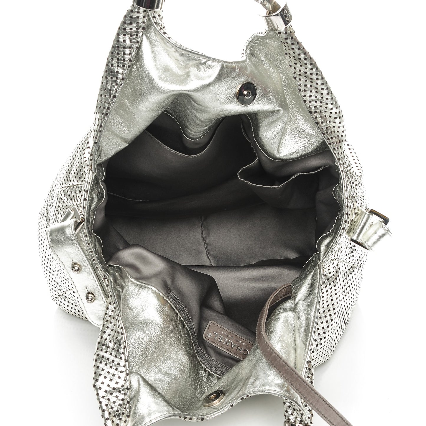 Metallic Glazed Calfskin Perforated Medium Rodeo Drive Tote Silver