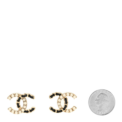 Chanel Pearl Lambskin Chain CC Stud Earrings Gold Black 2 of 4