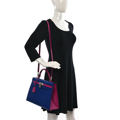 Hermes Epsom Bi-Color Horseshoe Kelly Sellier 32 Bleu Electrique Rose Pourpre 2 of 9