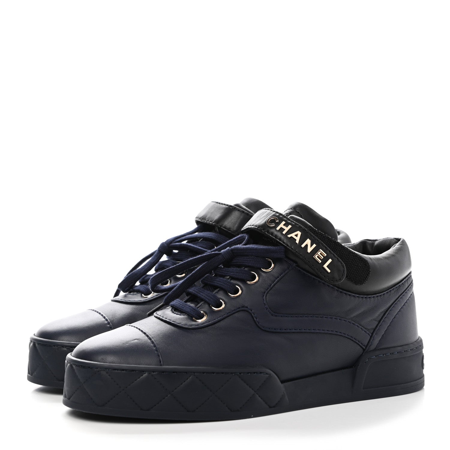 Chanel Lambskin Logo Strap Sneakers 38.5 Blue Black 3 of 9