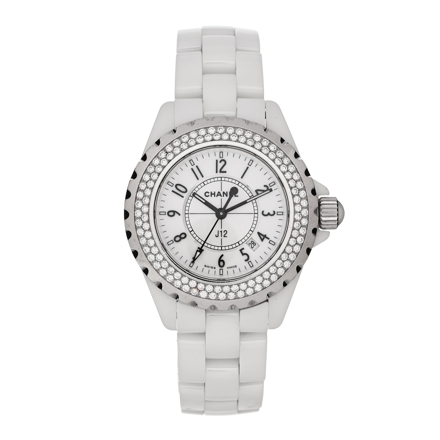 Stainless Steel Ceramic Diamond Pave Bezel 33mm J12 Quartz Watch White