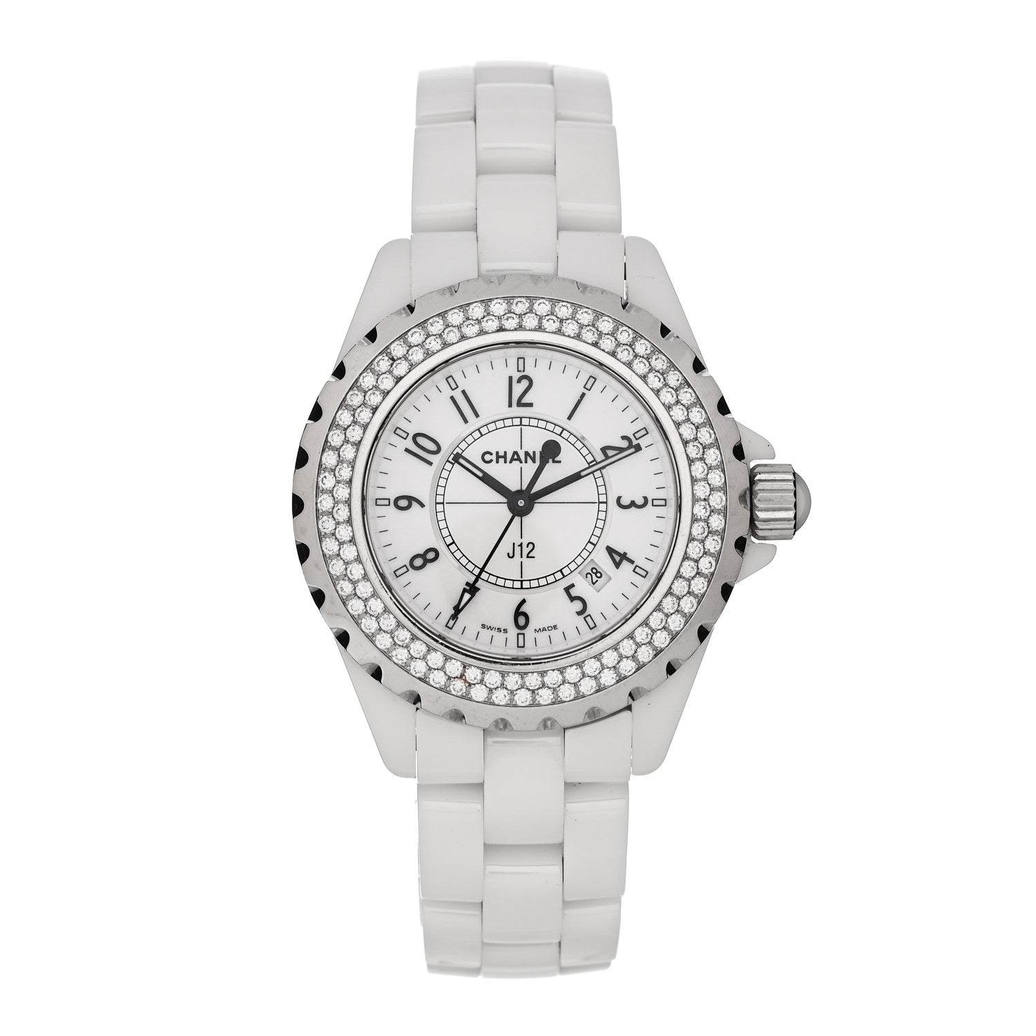 Chanel Stainless Steel Ceramic Diamond Pave Bezel 33mm J12 Quartz Watch White 1 of 5