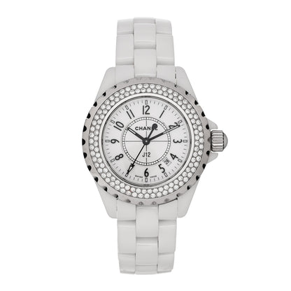 Chanel Stainless Steel Ceramic Diamond Pave Bezel 33mm J12 Quartz Watch White 1 of 5