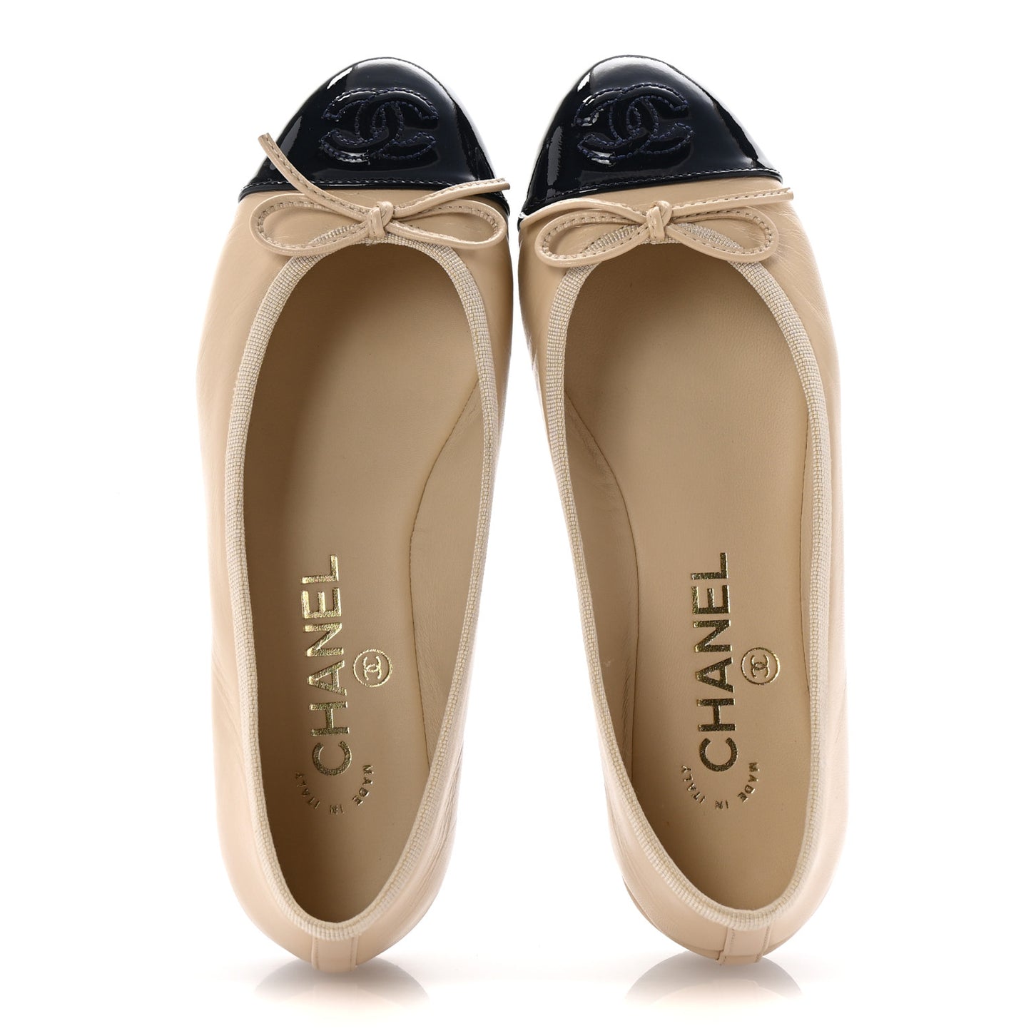Goatskin Patent Calfskin Cap Toe CC Ballerina Flats 35.5 Light Beige Navy Blue