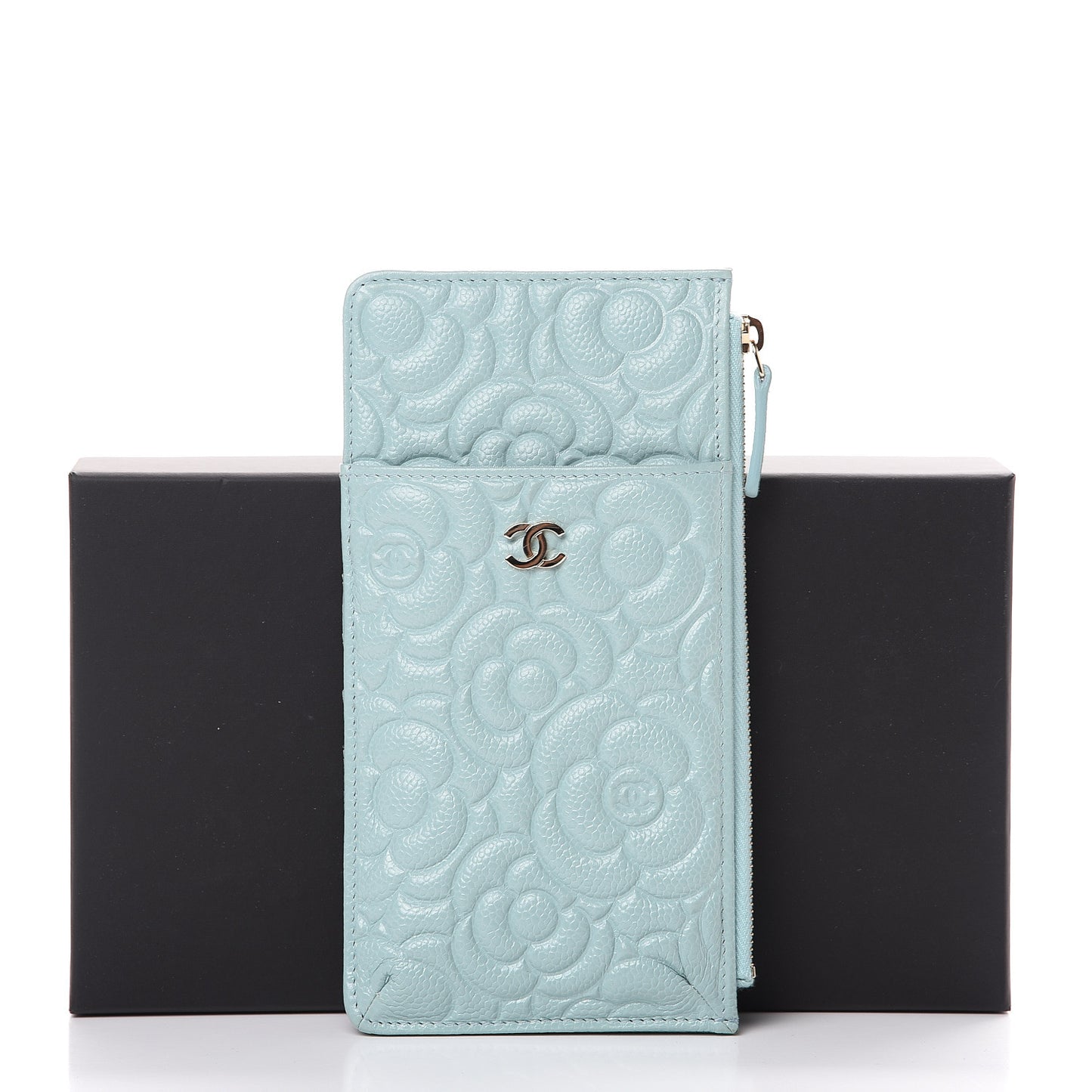 Caviar Camellia Embossed Classic Flat Wallet Pouch Light Blue
