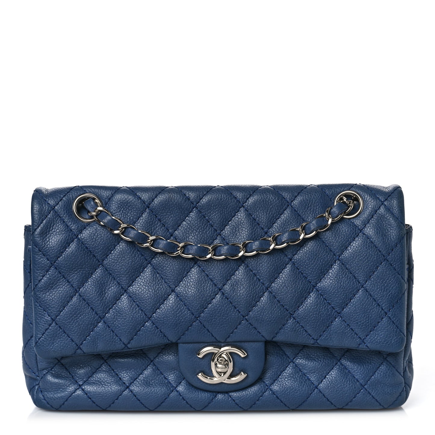 Washed Caviar Quilted Medium Double Flap Blue