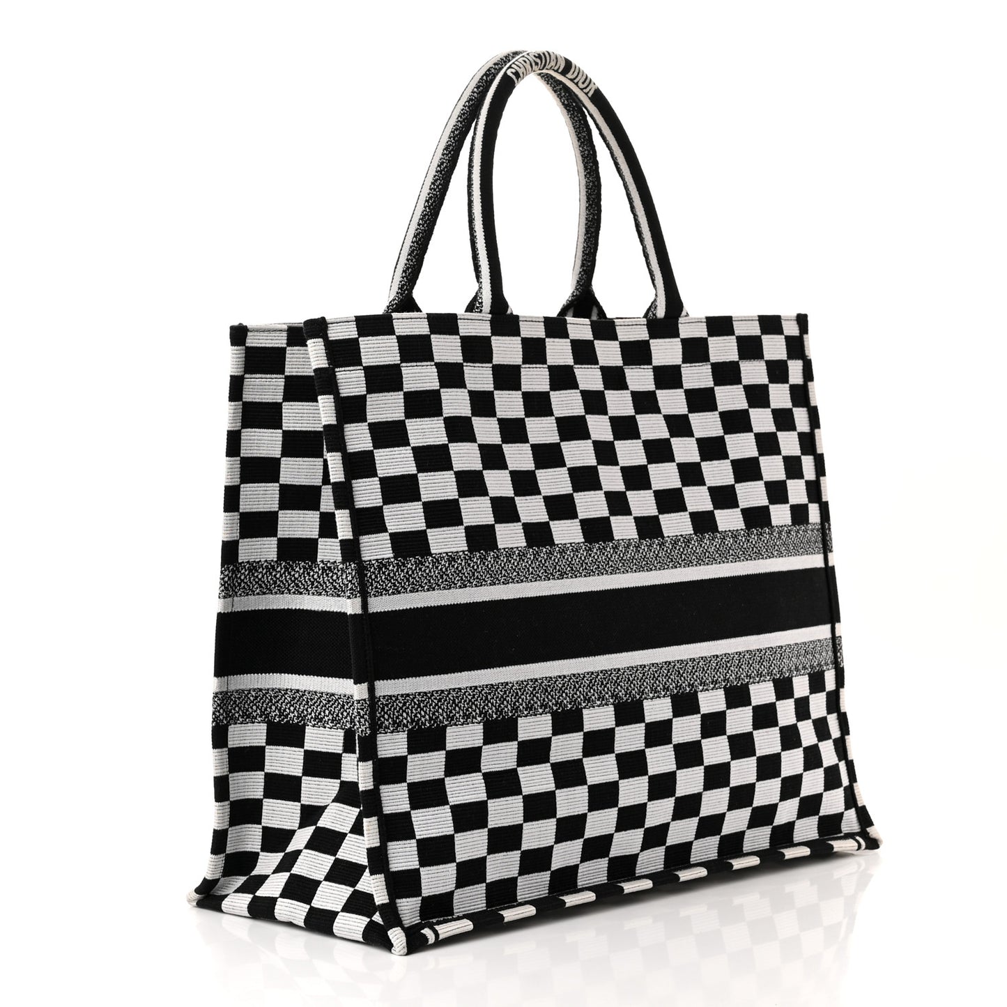 Canvas Embroidered Checkered Book Tote Black White