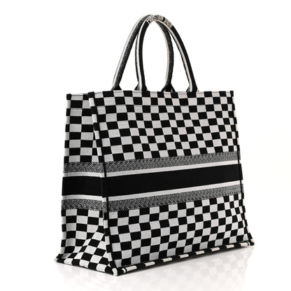 Christian Dior Canvas Embroidered Checkered Book Tote Black White 3 of 10