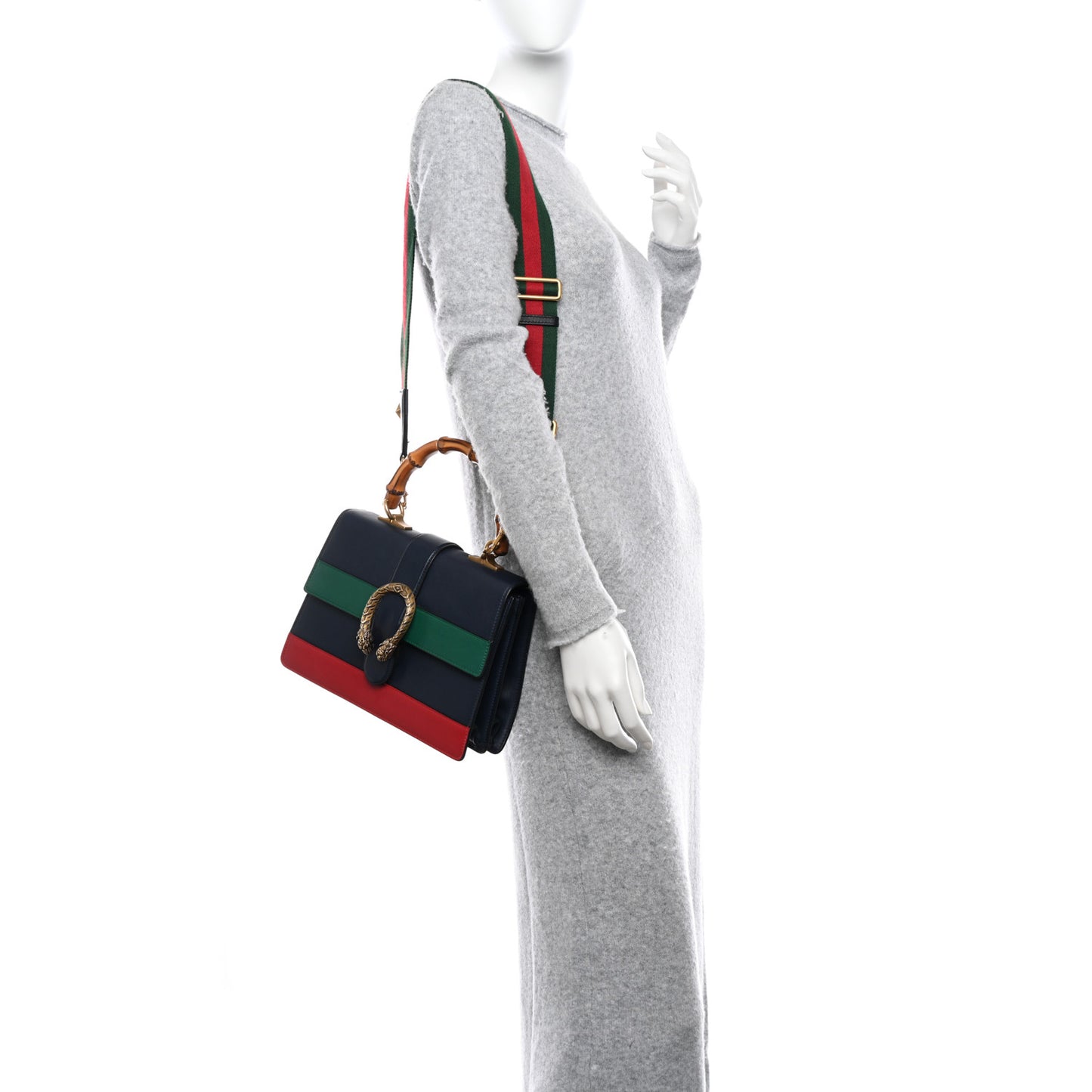 Moon Calfskin Bamboo Web Medium Dionysus Top Handle Bag Blue Emerald Hibiscus Red
