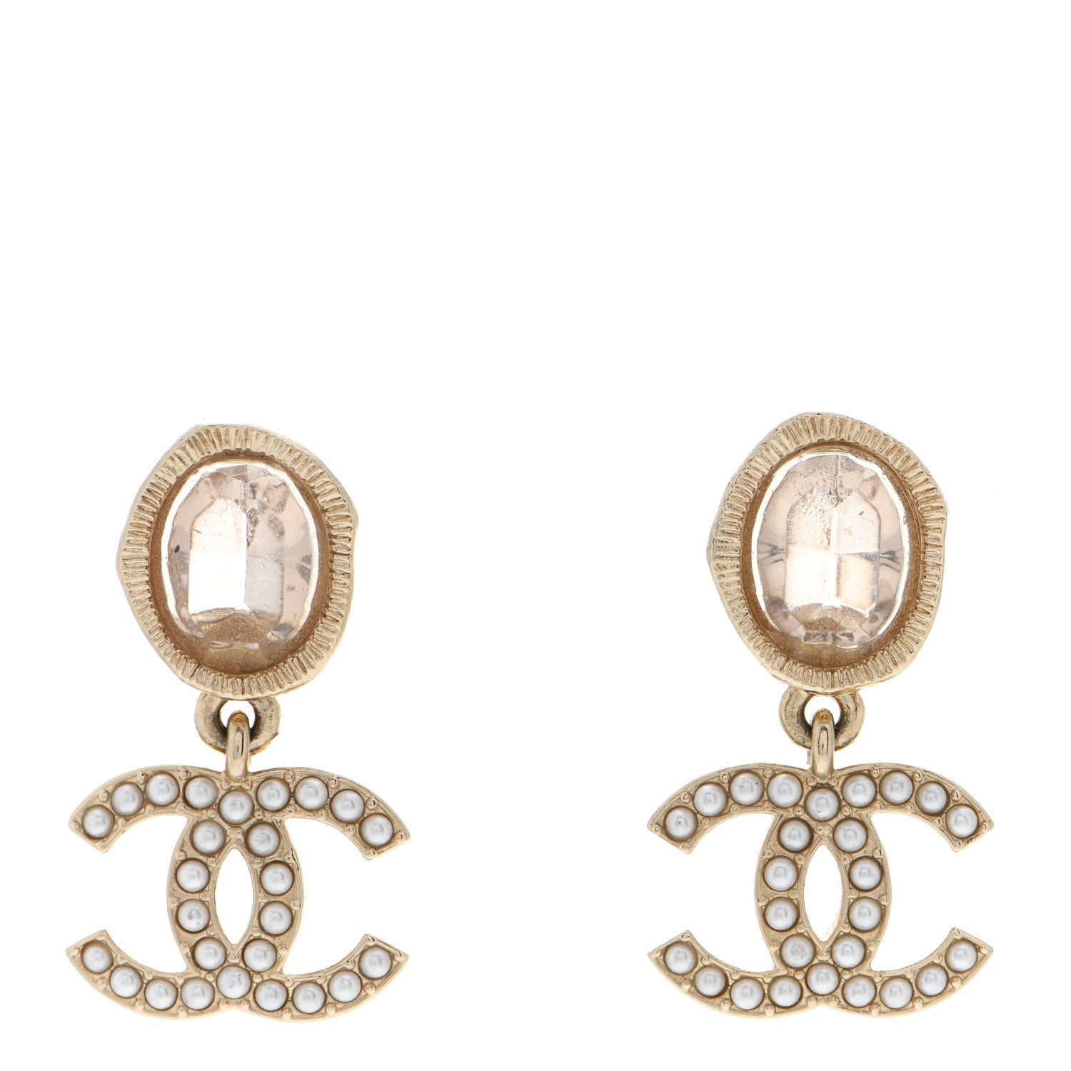 Chanel Crystal Pearl CC Drop Earrings Pink Gold 1 of 5