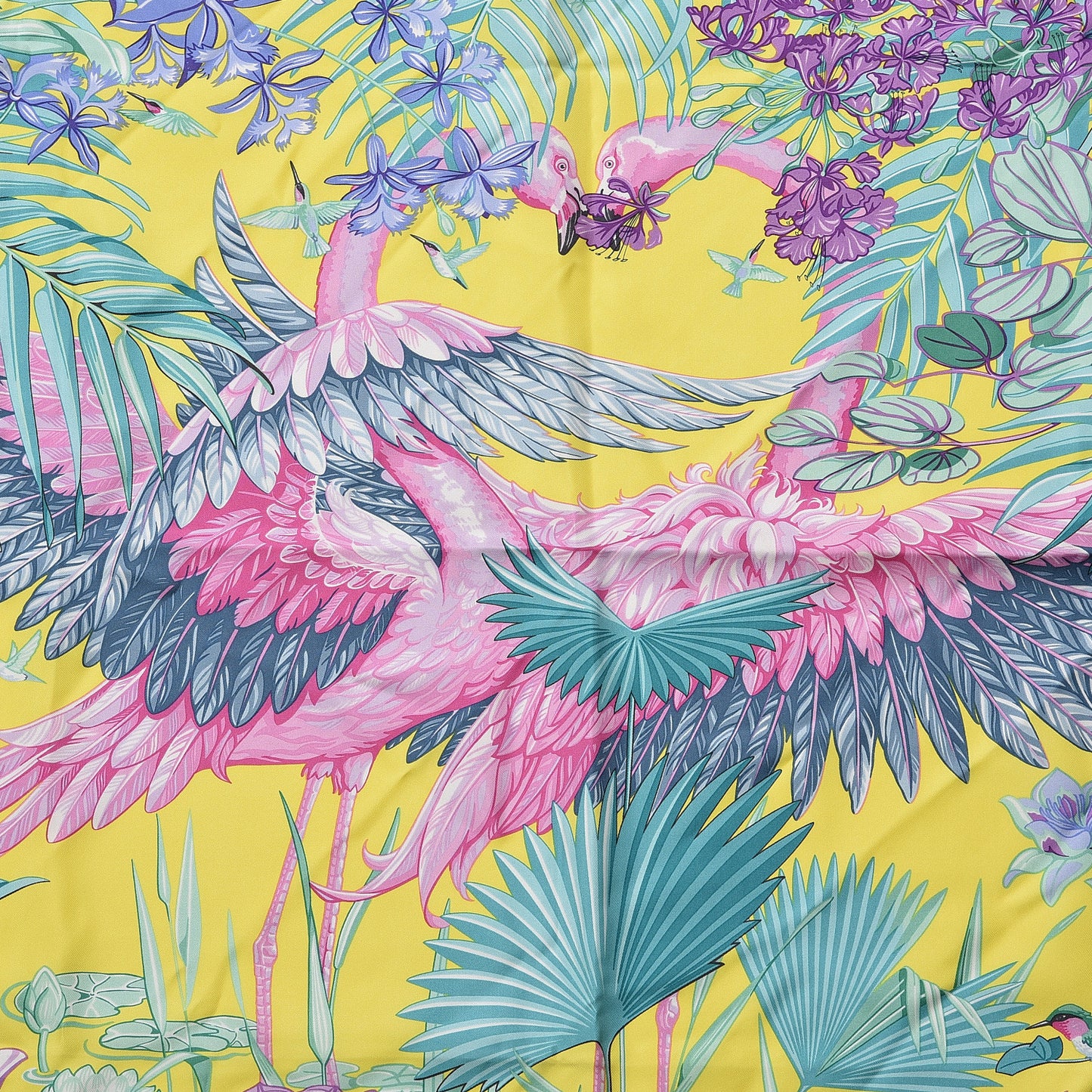 Silk Tatouage Flamingo Party Scarf 90 Turquoise Vert Jaune