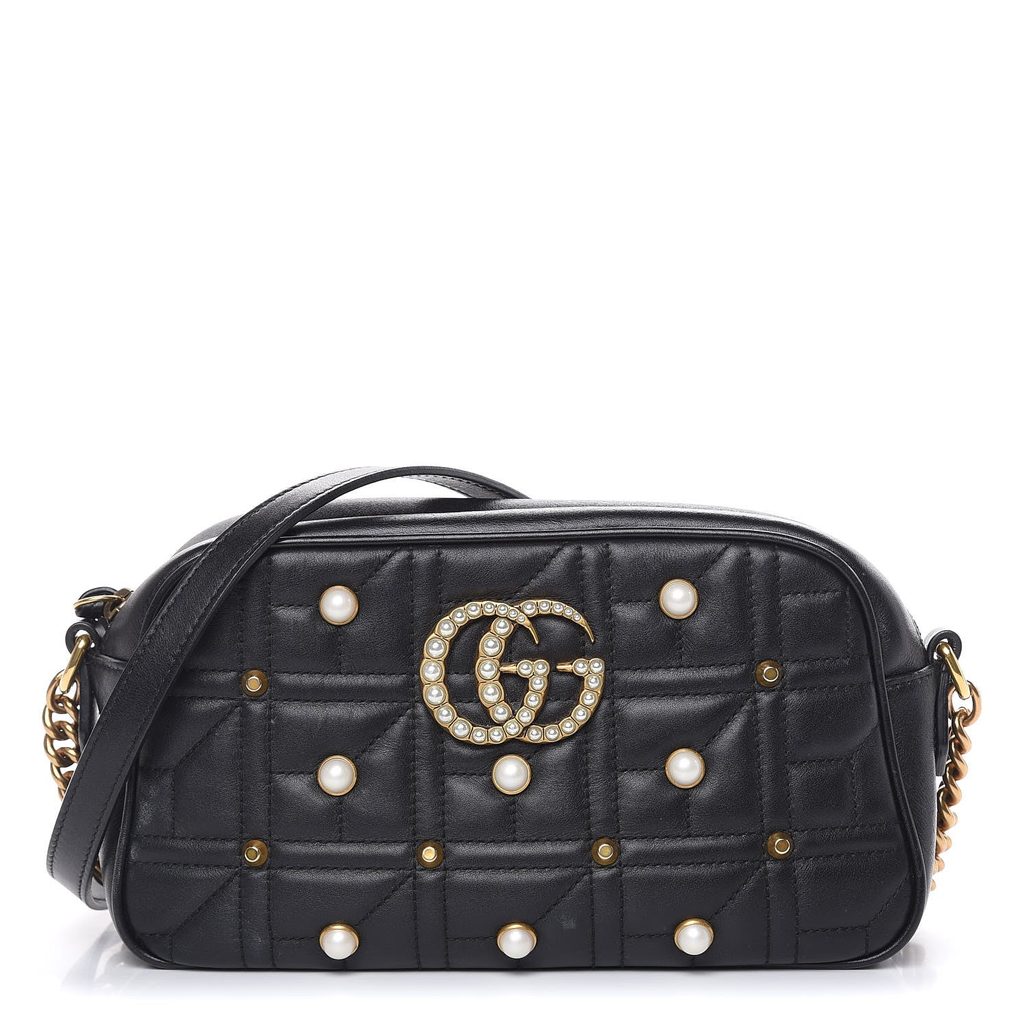 Gucci Calfskin Matelasse Studded Small Pearly GG Marmont Chain Shoulder Bag Black 1 of 15