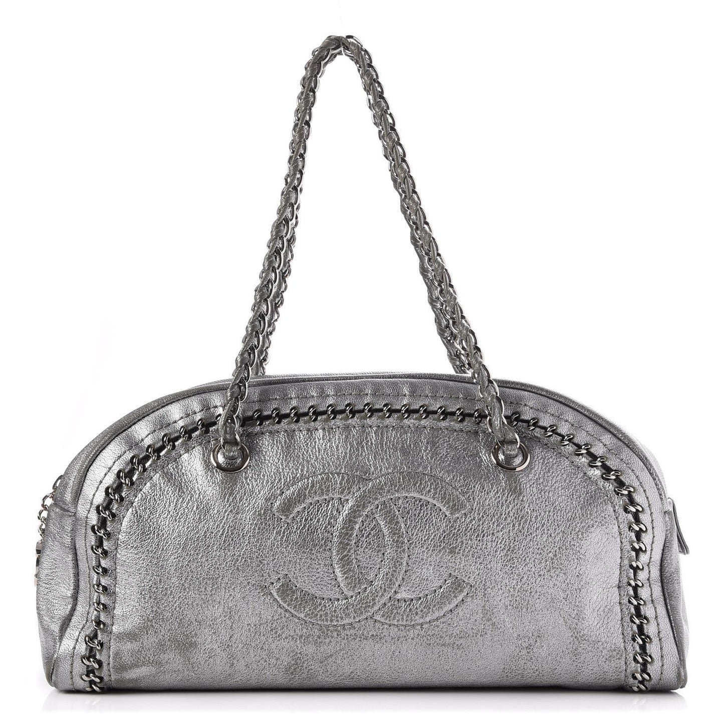 Metallic Goatskin Medium Luxe Ligne Bowler Tote Silver